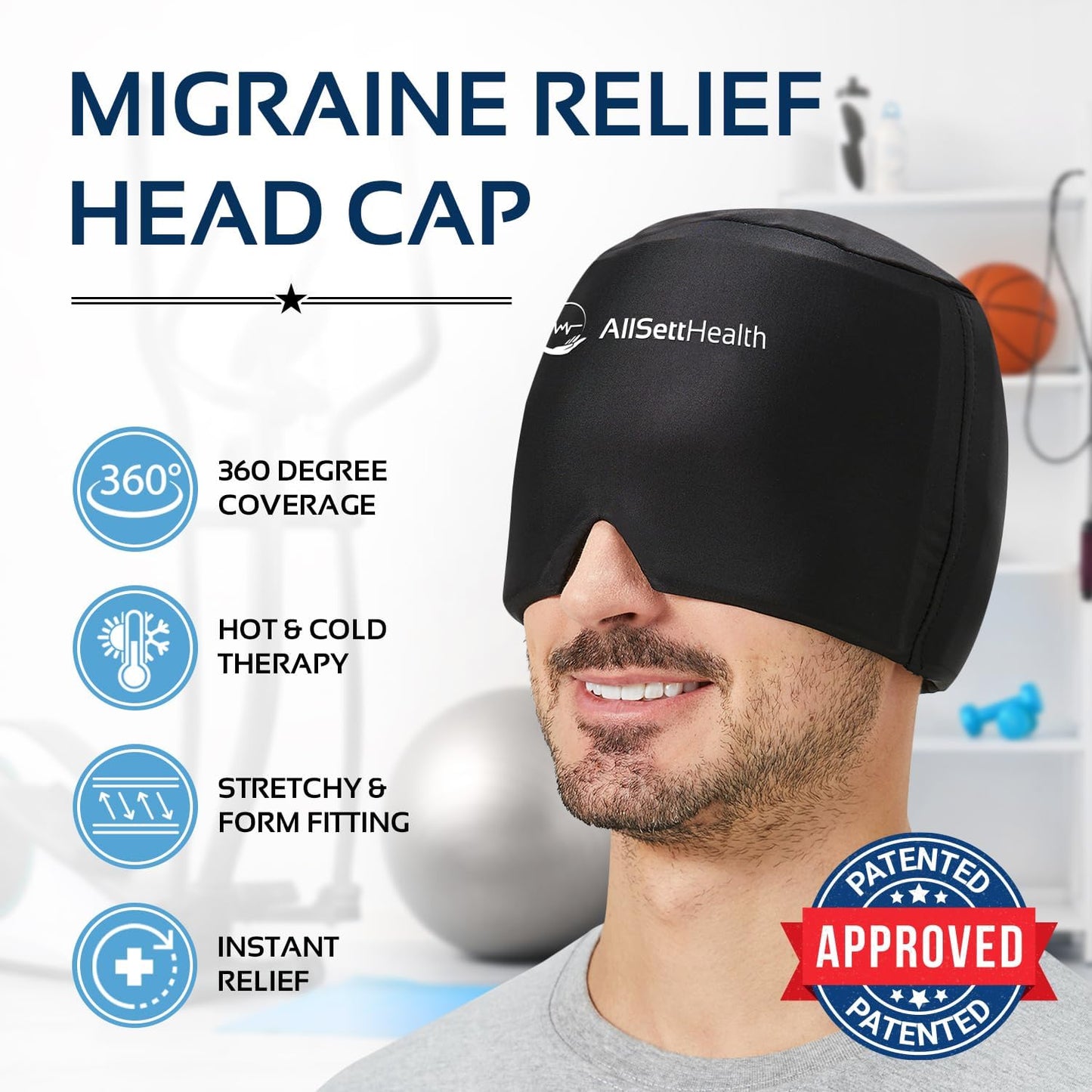 Migraine Relief Cap Ice Head Wrap and Hat | Hot/Cold Gel Pack with Face and Eye Mask Compress for Headache Relief - Black