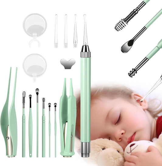 POZILAN Ear Cleaning Kit with LED Light - 15 Pack Ear Wax Removal Kit for Kids and Adults, Earwax Spoon Digger & Tweezers for Ear Cleaning Tool Present Set（Green）