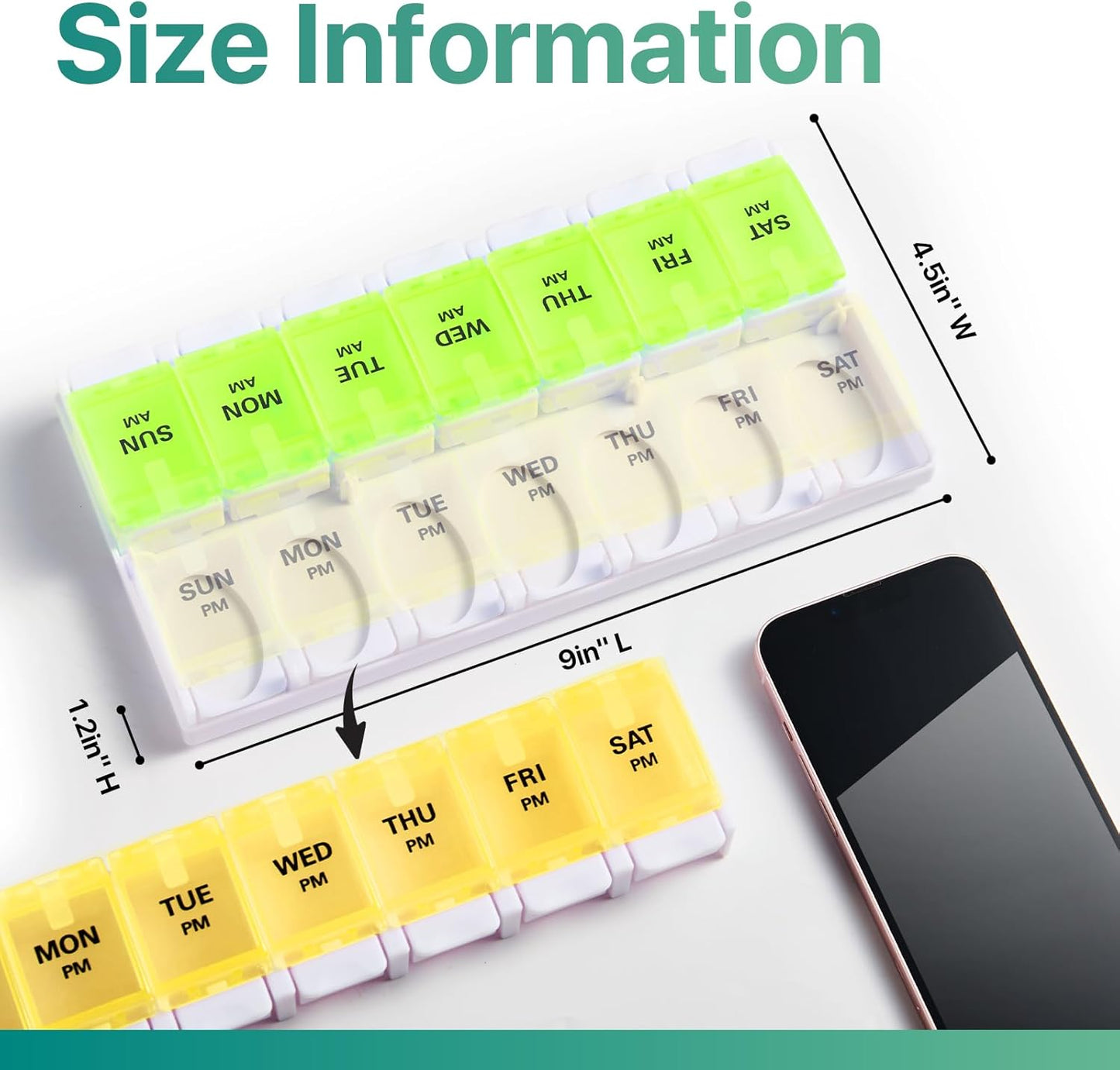 Sukuos AM PM Weekly Pill Organizer 7 Day, 2 Times A Day Medicine Pill Box with Easy Push Button, BPA Free Vitamin Cases for Fish Oil/Supplements, Easy to Clean (Yellow&Green)