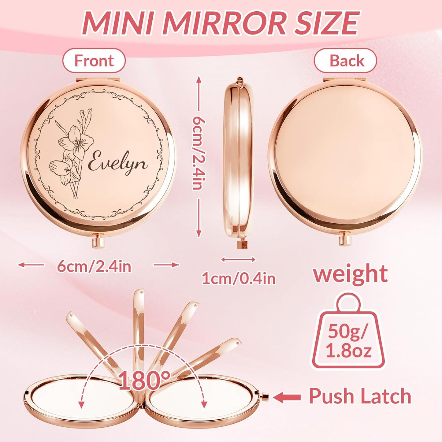 Personalized Compact Mirror – Custom Pocket Mirror with Name, Monogram Travel Purse Mirror for Women, Bridal Shower Favors & Bridesmaid Gifts, Portable Makeup Accessory (Birthday Flowers)