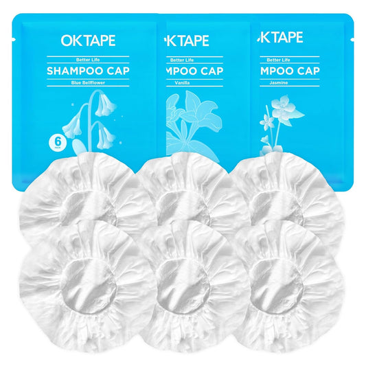 OK TAPE No Water Shampoo Caps (6 Pack) 3 Scents, Rinse Free Shower Cap for Elderly, After Surgery, Camping, Shampoo and Conditioner Hair Wash Cap (Jasmine, Vanilla and Bellflower Scents)