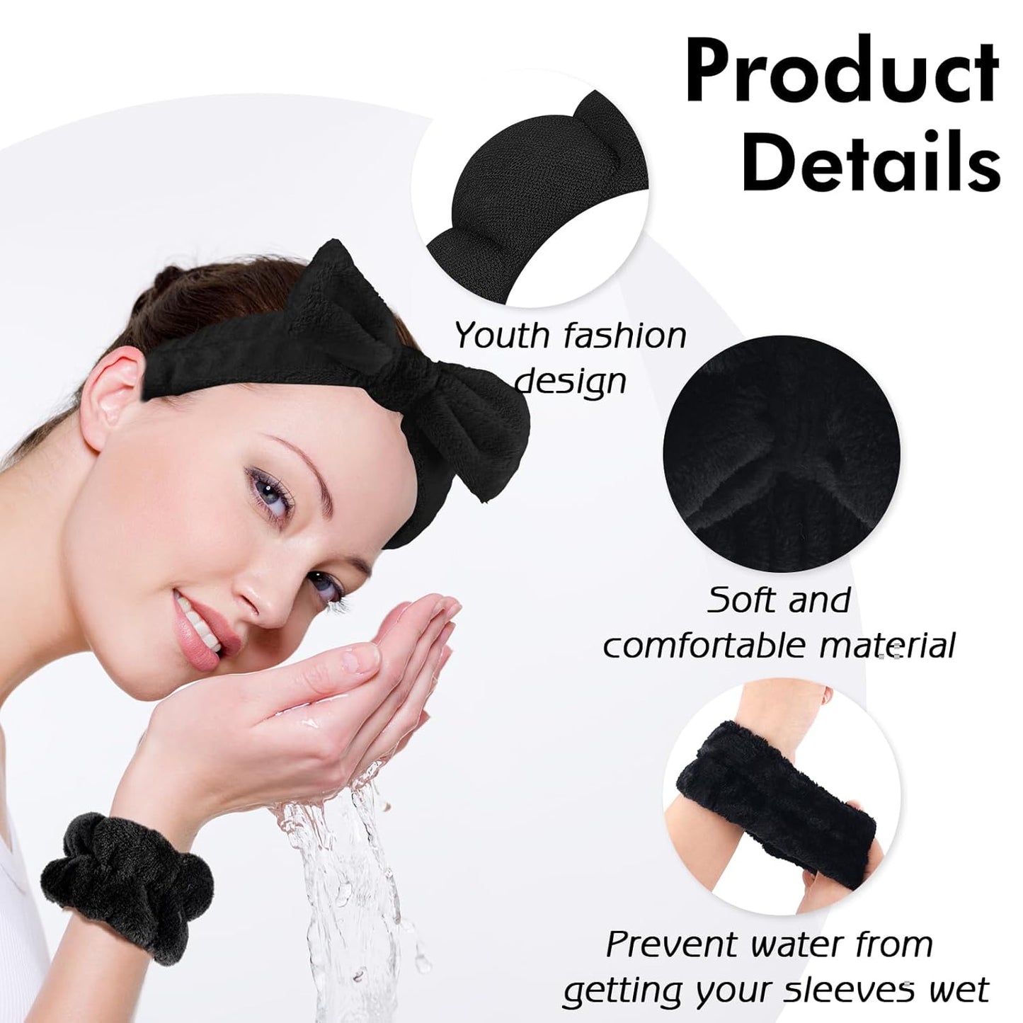 Zkptops 6Pcs Spa Headband for Washing Face Wristbands Set Women Bubble Skincare Makeup Sponge Terry Cloth Padded Puffy Headband Bow Tie Hairband Cute Non Slip Thick Hair Accessory Gifts(Black)