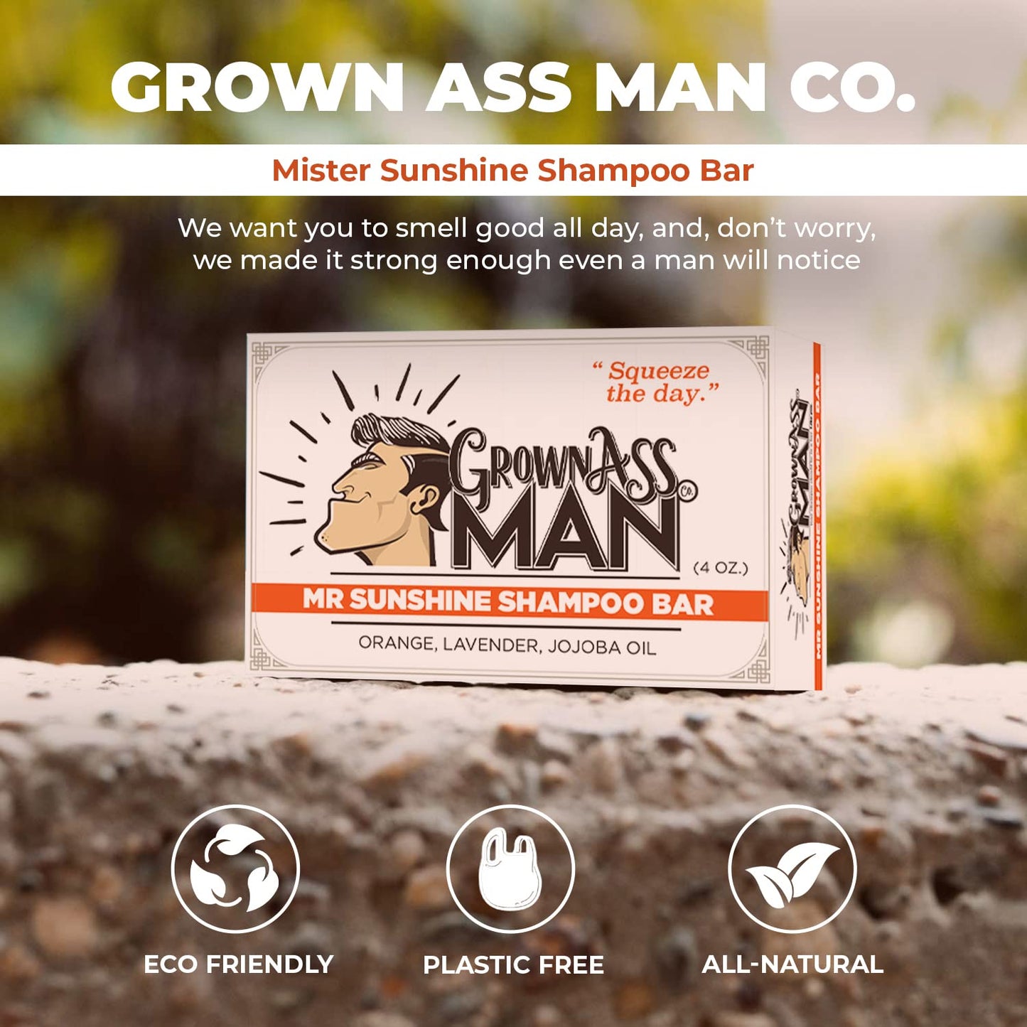 Grown Ass Man Co. - Solid Shampoo Bar Rich Lather 3 in 1: Hair, Beard & Body Wash - Plastic Free & Eco-Friendly, Natural & Organic Clean for All Hair Types, 4oz Bar (Mister Sunshine, Single)