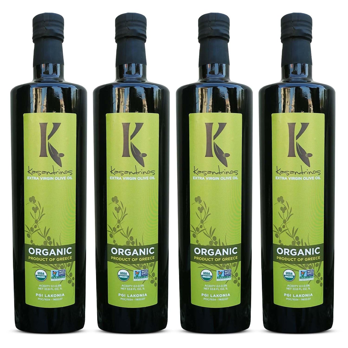 Kasandrinos Organic Olive Oil Extra Virgin, Polyphenol Rich Greek Olive Oil, 100% Organic First Cold Pressed, Mild + Delicate Flavor, Verified by Non GMO, 1 L / 33.8 oz (Pack of 4)