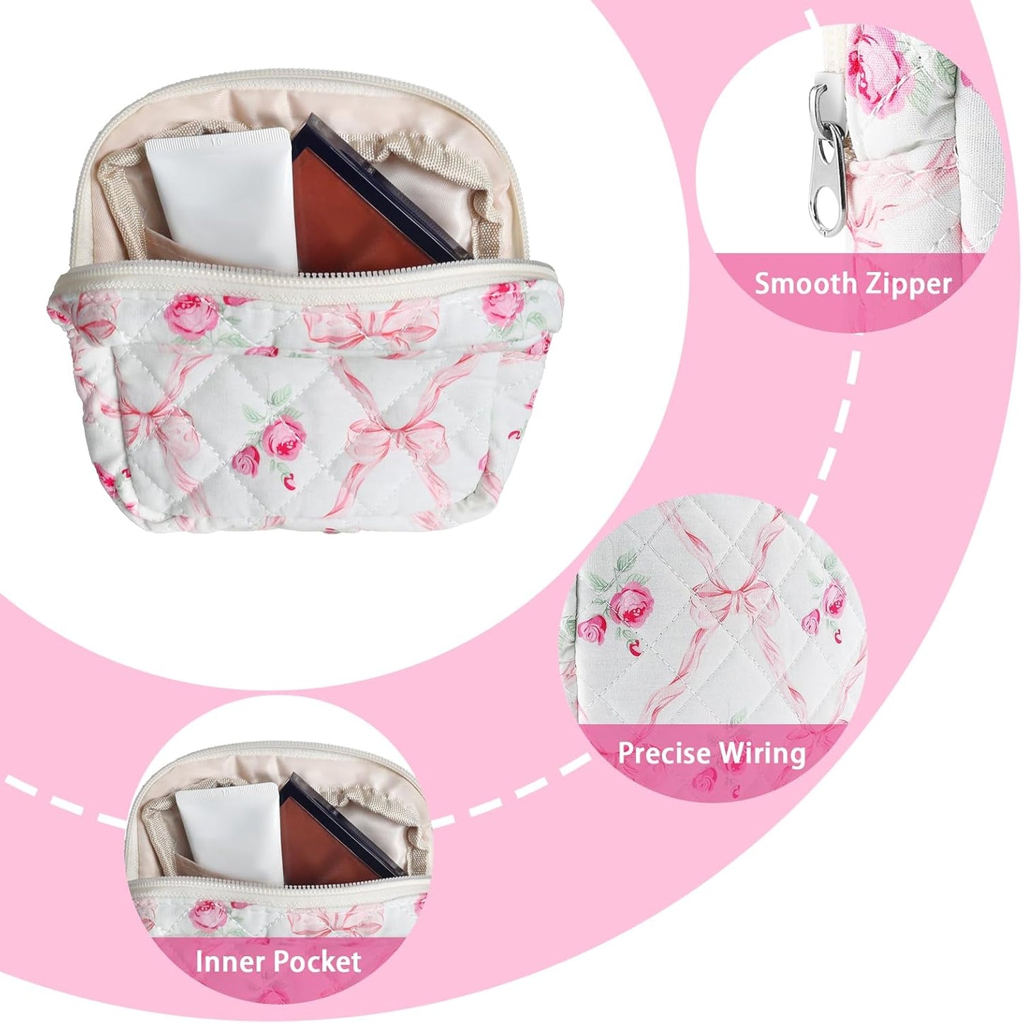 Small Quilted Cotton Makeup Bag for Purse Mini Cosmetic Period Bag for Women Cute Pink Flower Bow Makeup Sanitary Pouch Portable Travel Toiletry Bags with Zipper Slip in Pockets Birthday Gifts