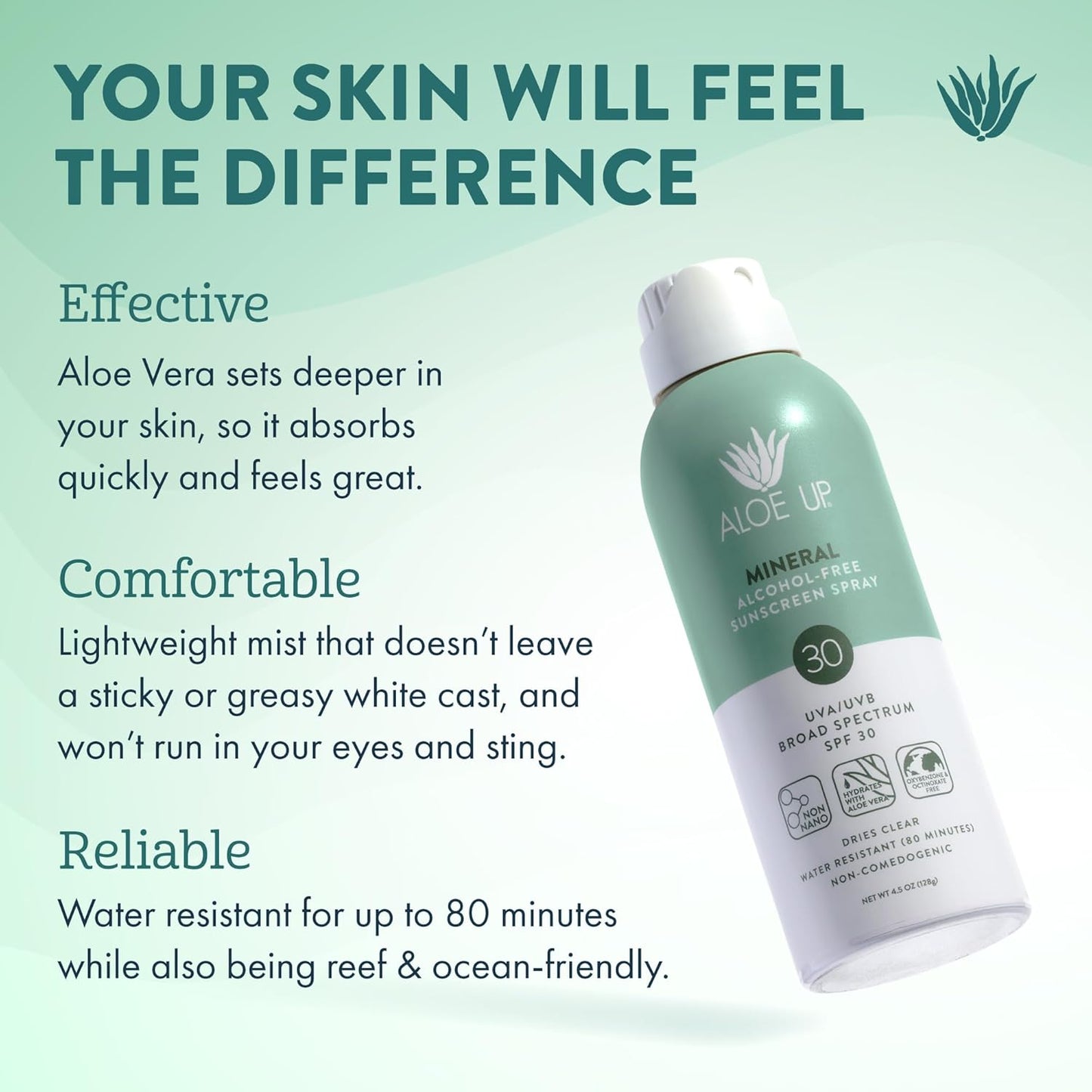 Aloe Up Continuous Mineral Sunscreen Spray SPF 30 - Alcohol-Free Broad Spectrum UVA/UVB Sunscreen Protector for Face and Body - With Gen2 Zinc Oxide and Aloe Vera - Dries Clear - Reef Safe - 4.5 Oz