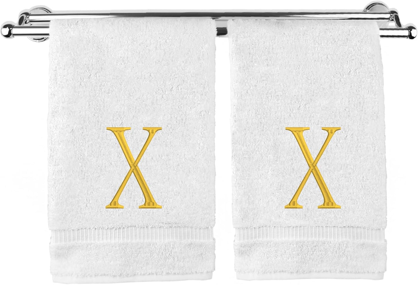 Monogrammed Hand Towel, Personalized Initial Gift, Extra Absorbent 100% Turkish Cotton - Soft Terry Finish - Set of 2 - Gold Block Initial X - Embroidered on White Towels