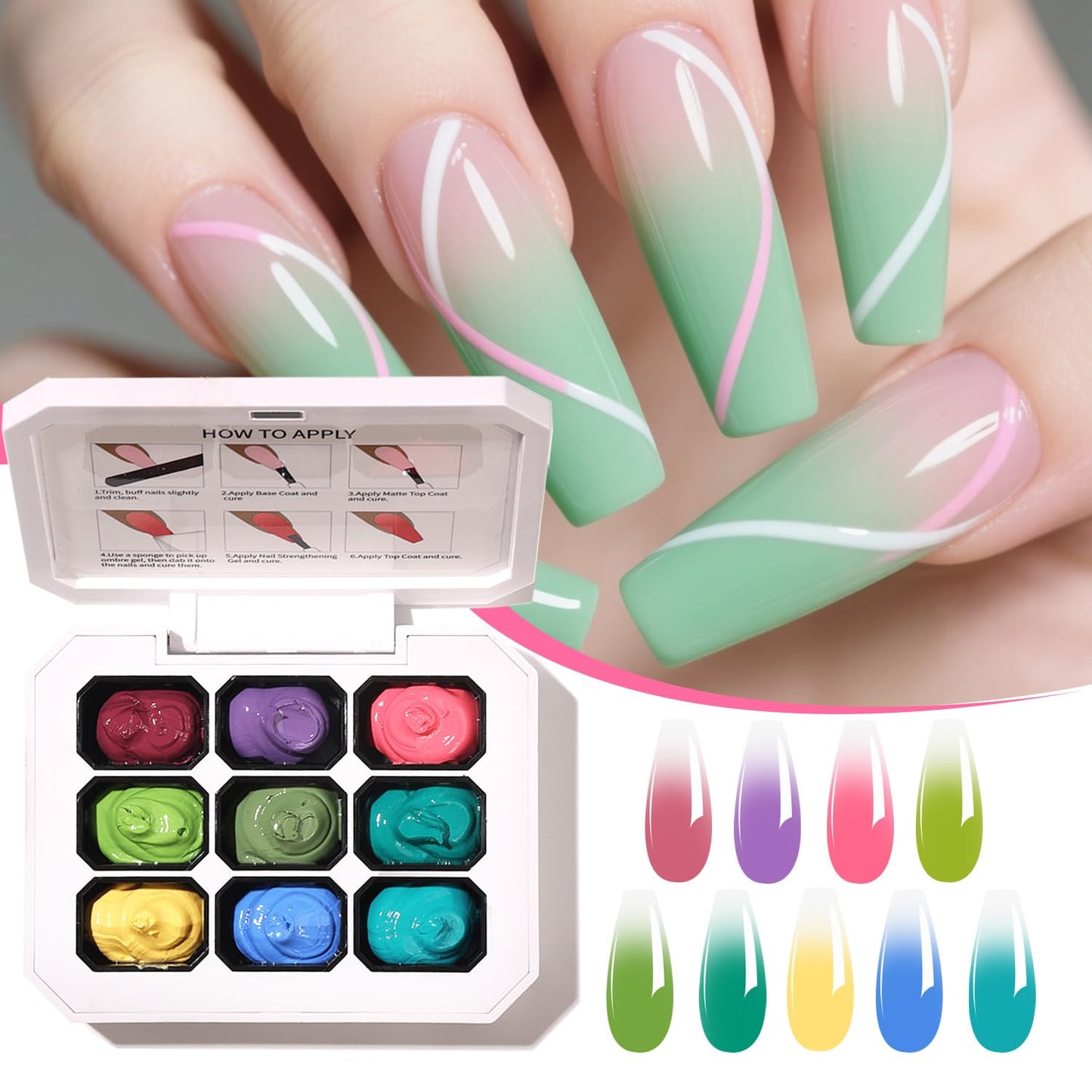 9 Colors Set Ombre Gel Nail Polish,Gradient Painting Gel for Nails with 100Pcs Nail Sponges for 3D Nail Art in Salon or Home Use(omber-04)