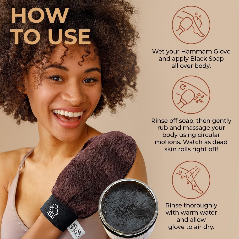 Natural Elephant Exfoliating Hammam Glove | Authentic Moroccan Kessa Body Scrub Mitt for Spa-Quality Skin Renewal | Pure Black 3 Pack