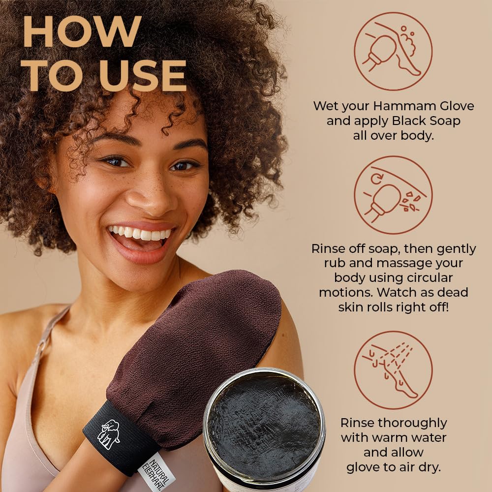 Natural Elephant Exfoliating Hammam Glove - Face and Body Exfoliator Mitt 5 and 10 Packs (3 Pink, 1 Lilac, 1 Teal (Pack of 5))