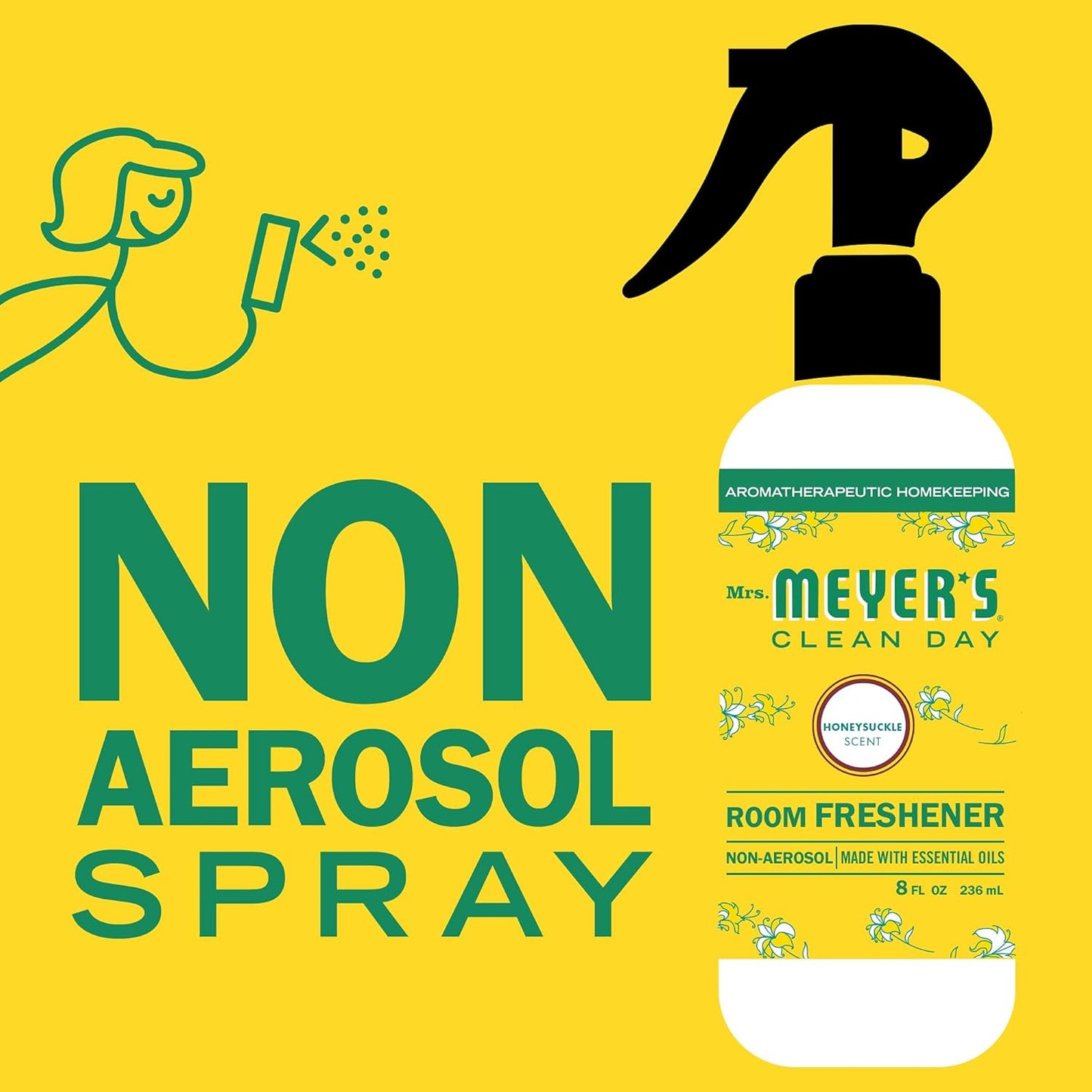 MRS. MEYER'S CLEAN DAY Room and Air Freshener Spray, Non-Aerosol Spray Bottle Infused with Essential Oils, Honeysuckle, 8 fl. Oz