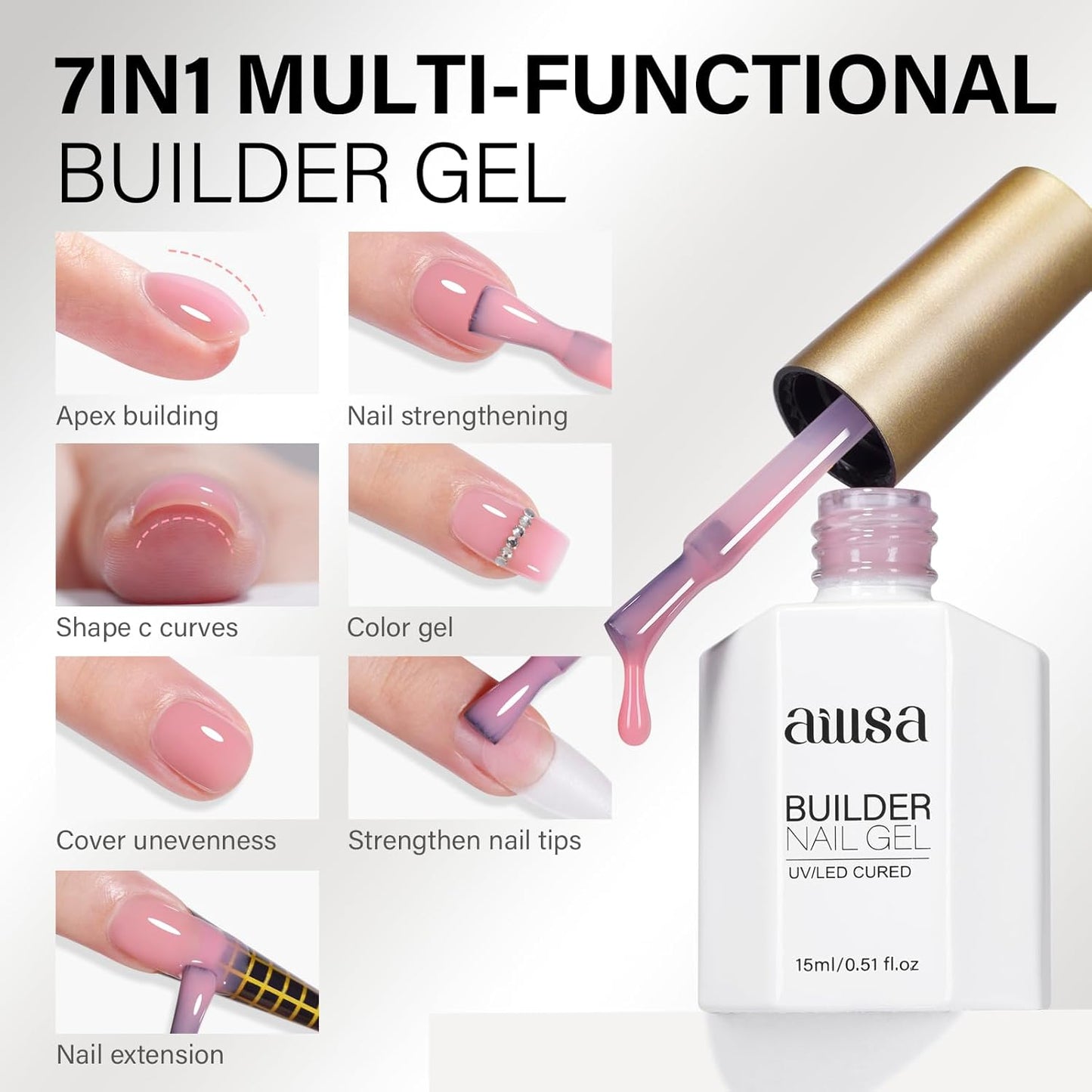 AILLSA Pink Builder Gel 7 In 1 Nude Hard Gel Polish for Nail Thickening Light Neutral Strengthener Gels Nail Polish Natural Color Sheer Extension U V for French Manicure Base Coat Needed 0.51 Oz