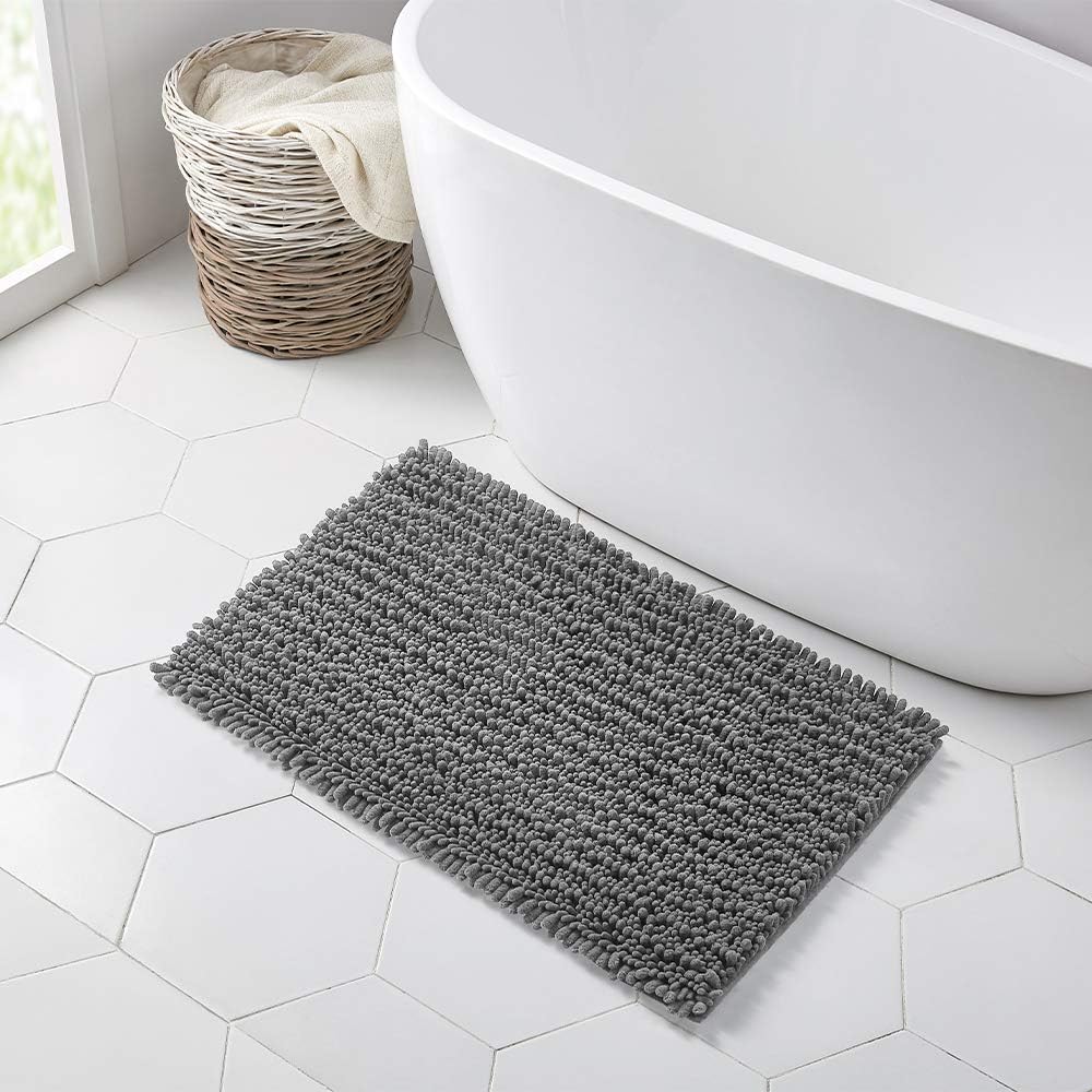 Walensee Bathroom Rug Non Slip Bath Mat (32x20 Inch Grey) Water Absorbent Super Soft Shaggy Chenille Machine Washable Dry Extra Thick Perfect Absorbant Best Large Plush Carpet for Shower Floor