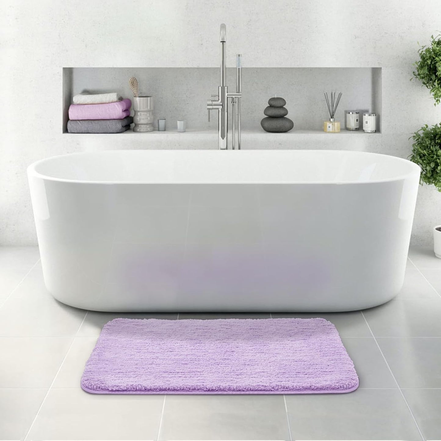 ROSMARUS Shaggy Non-Slip Bath Mat 24" x 36", Water-Absorbent Plush Bathtub Mat, Soft, Machine Washable, Purple