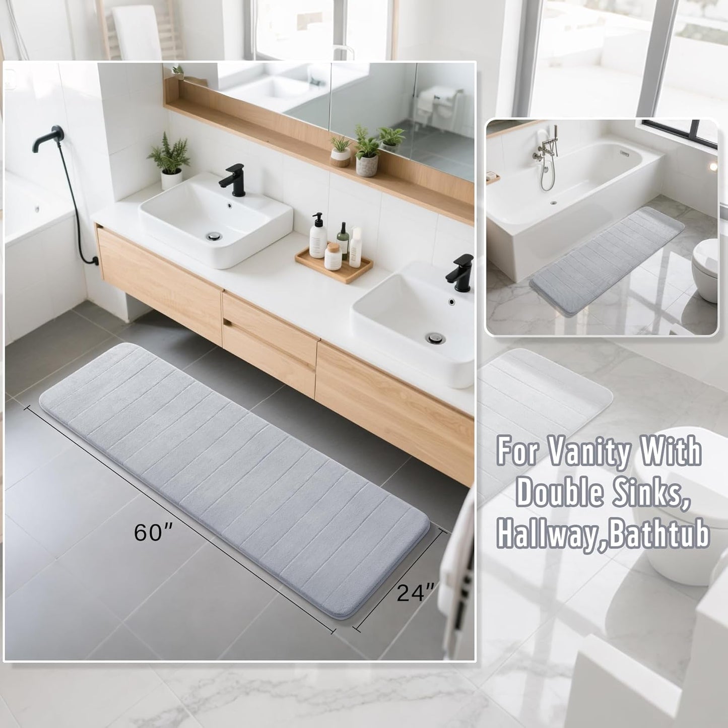 Yimobra Bathroom Runner 60"x24", Non Slip Memory Foam Bath Mat, Super Soft Water Absorbent Hallway Carpet, Machine Washable Rug for Vanity Tub Shower, Silver
