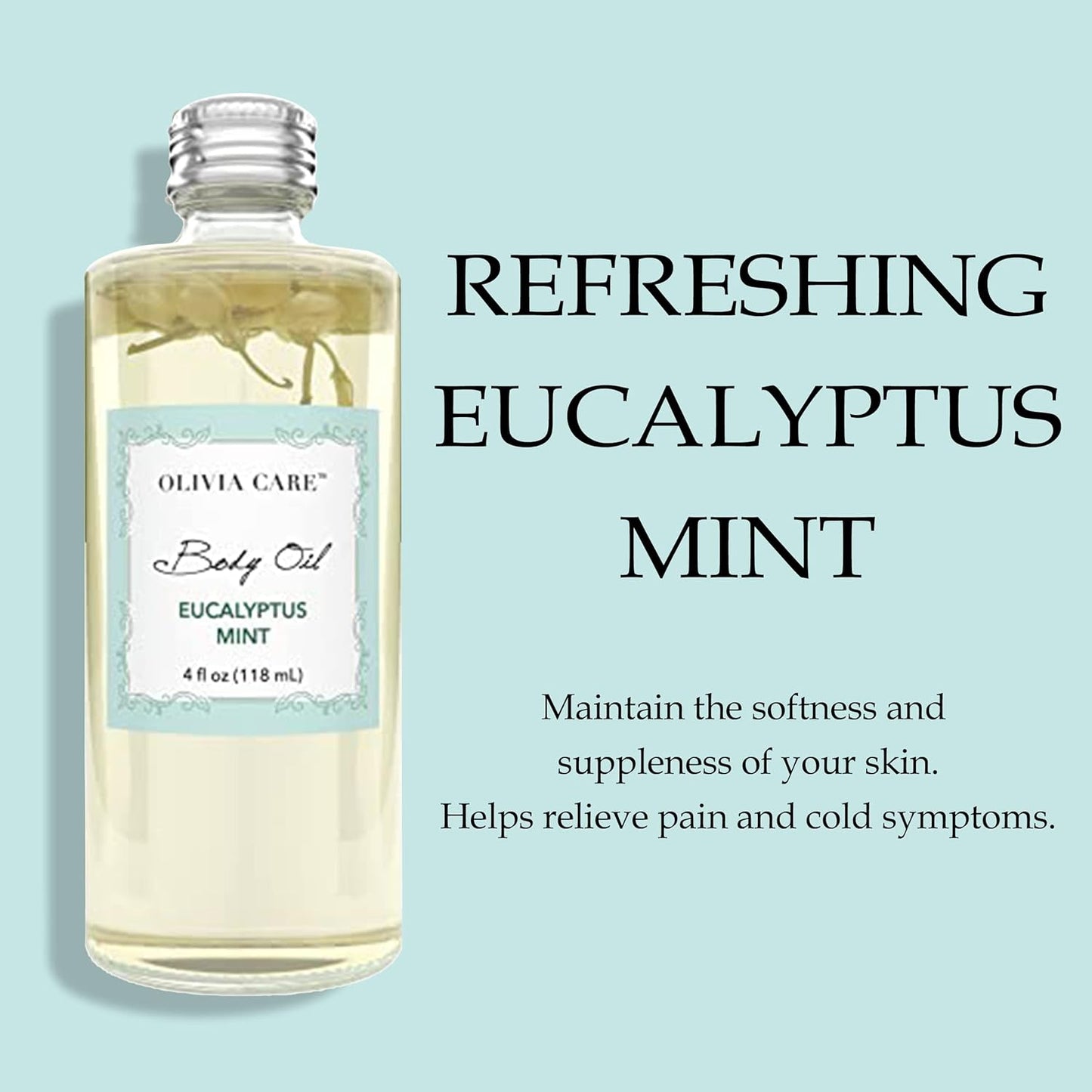 Olivia Care Body Oil Eucalyptus Mint Vegan & Natural | Hydrating & Moisturizing - Infused with VITAMIN E, K & Omega Fatty Acids - Refreshing Fragrance - (Eucalyptus Mint)