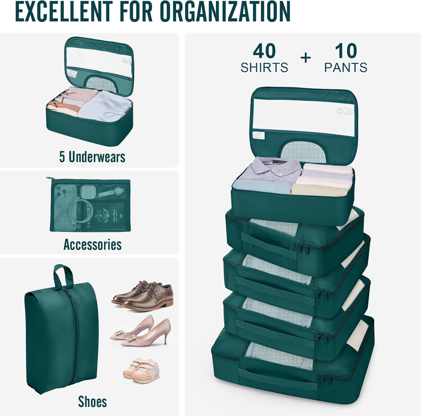 Veken 10 Set Packing Cubes for Travel Essential, Suitcase Organizer Bags in 4 Sizes, Carry-On Luggage Accessories with Large Laundry & Hanging Toiletry Bag, Must-Have for Airplane, Road Trip & Camping