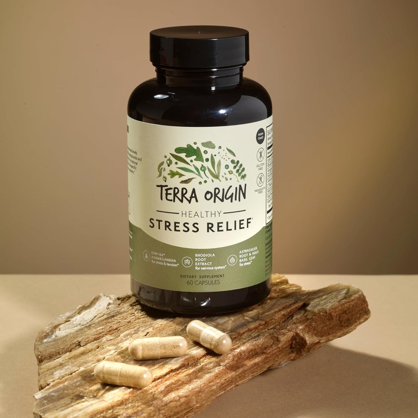TERRA ORIGIN Healthy Stress Supplement | 60 Capsules | KSM-66 Organic Ashwagandha, L-Theanine, Rhodiola Extract, Astragalus Root and Holy Basil | Stress and Mood Support