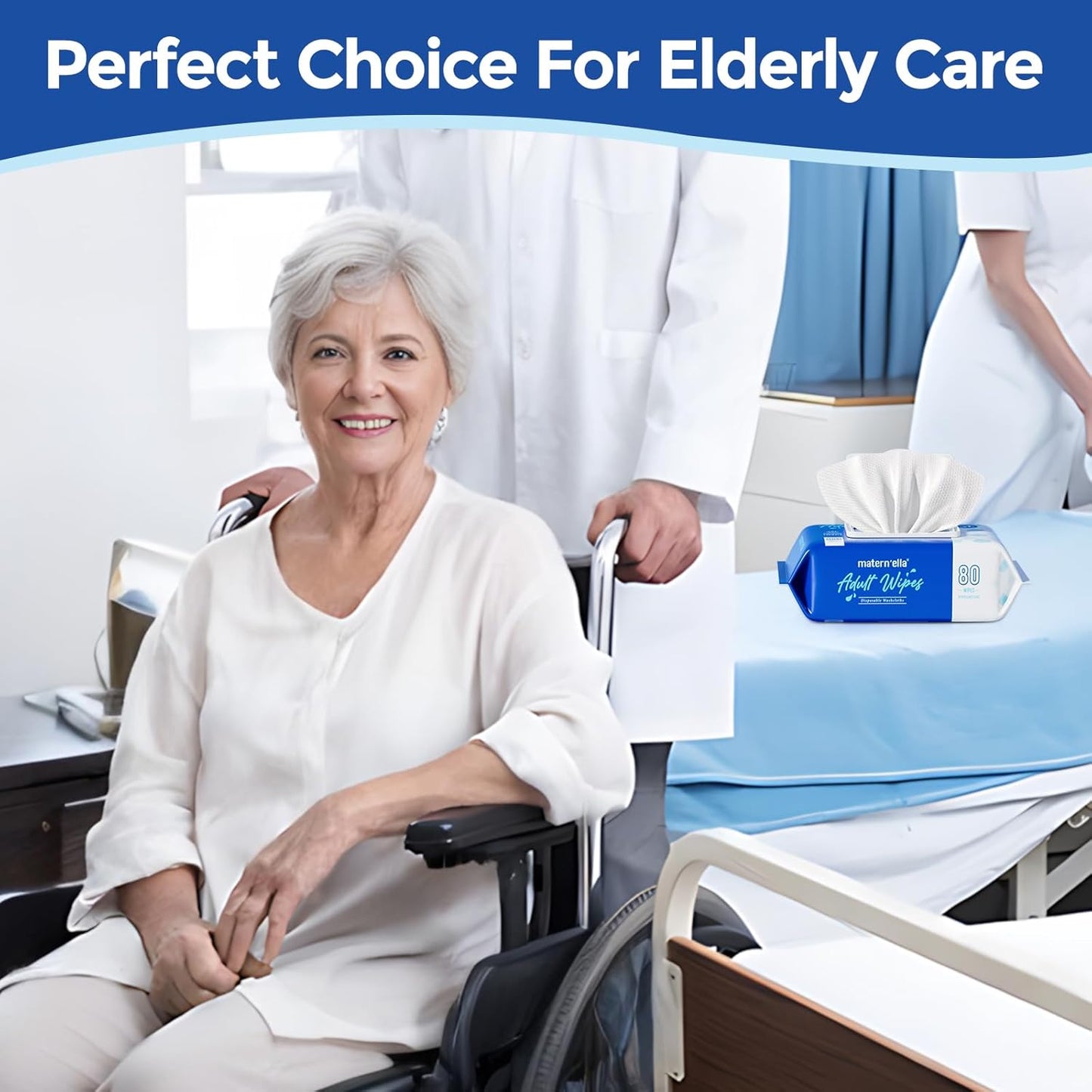 MATERN'ELLA Adult Wet Wipes, Cleansing Wash Cloths for Elderly Care, 99% Pure Water for Incontinence, Personal Bath, Alcohol-Free, 8 Flip-Top Packs(640 Wipes Total)