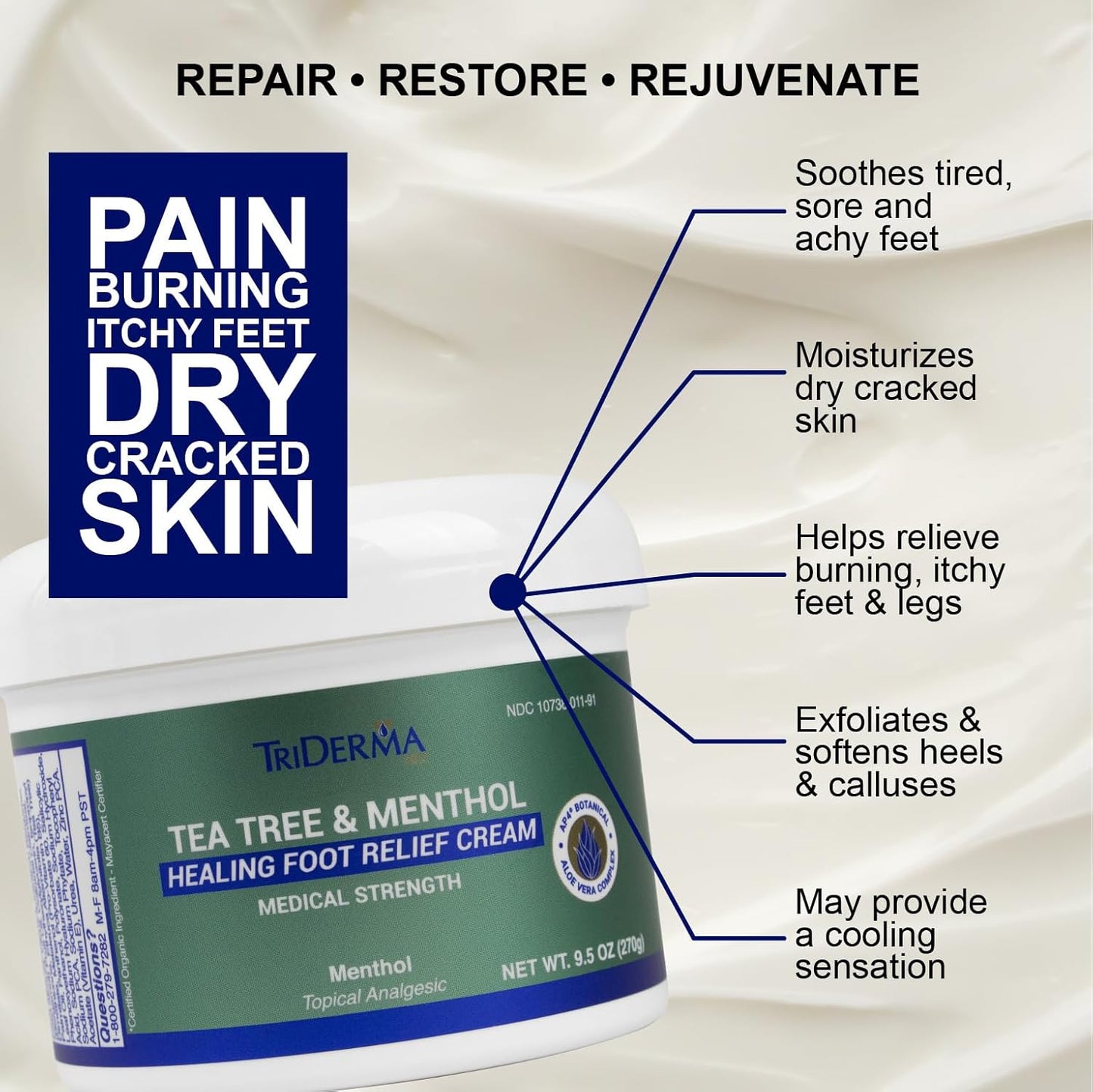 TriDerma Tea Tree Oil Foot Cream for Dry Cracked Feet, Itchy Skin, Tingling & Foot Pain with Menthol, Non-greasy 9.5 oz