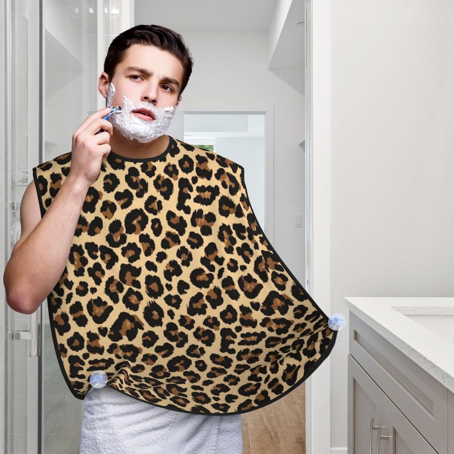 Stretchable Beard Cape, Non-Stick Hair Catcher for Trimming, Waterproof Grooming Apron, Leopard Cheetah Print