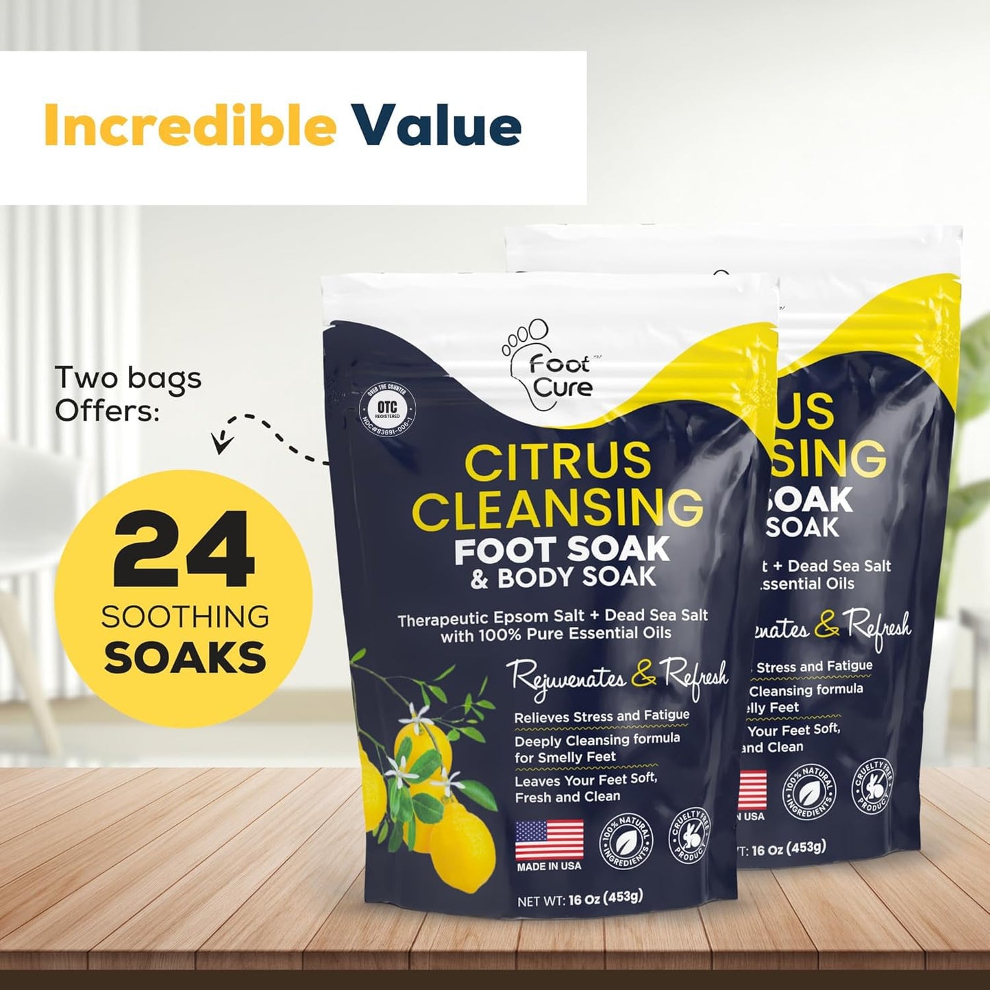 FOOT CURE Citrus Detox Foot Soak With Epsom Salts for Foot Callus, Immune Boost, Damaged Toenail, Athletes Foot, Pedicure and Soothes Tired Aching Feet - 16 oz (Pack of 2)