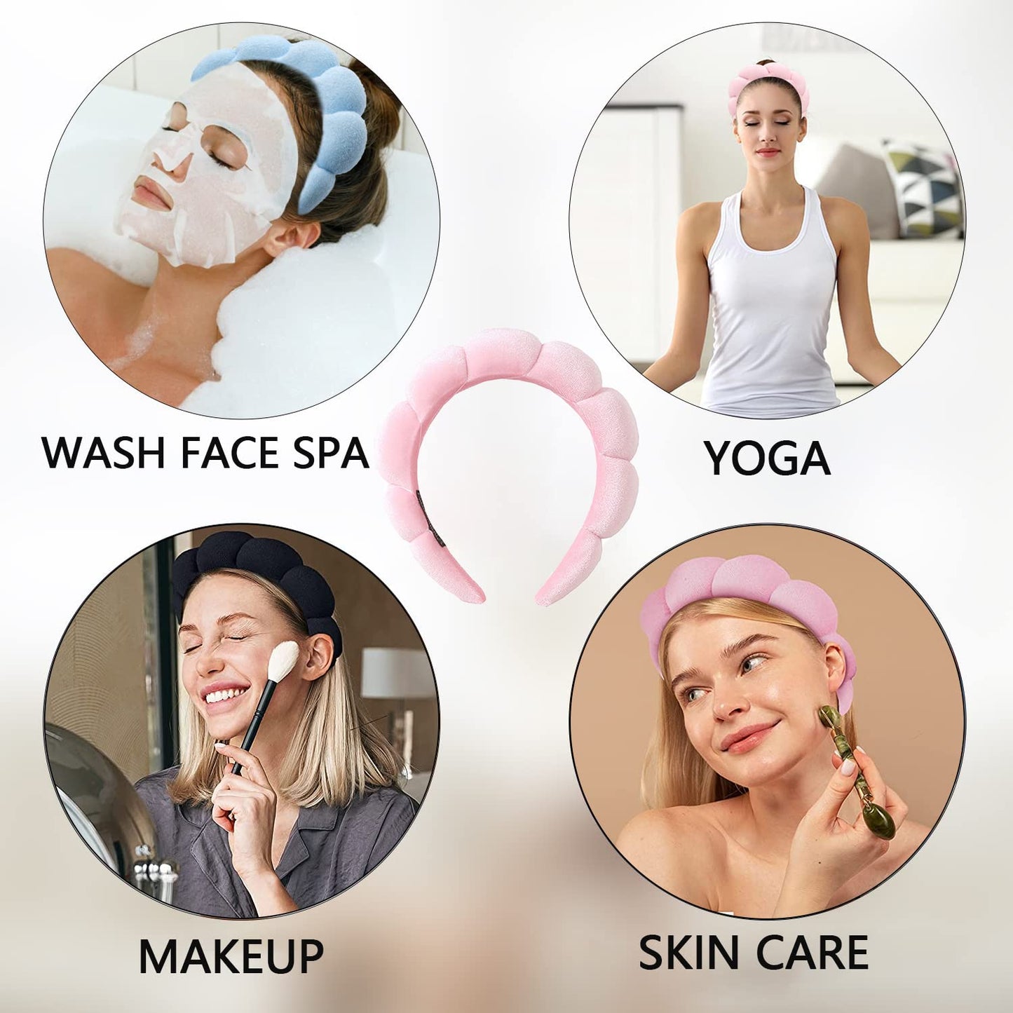 Luckybear Spa Headband for Washing Face, Velvet Makeup Headband with Face Wash Wristbands - Pink