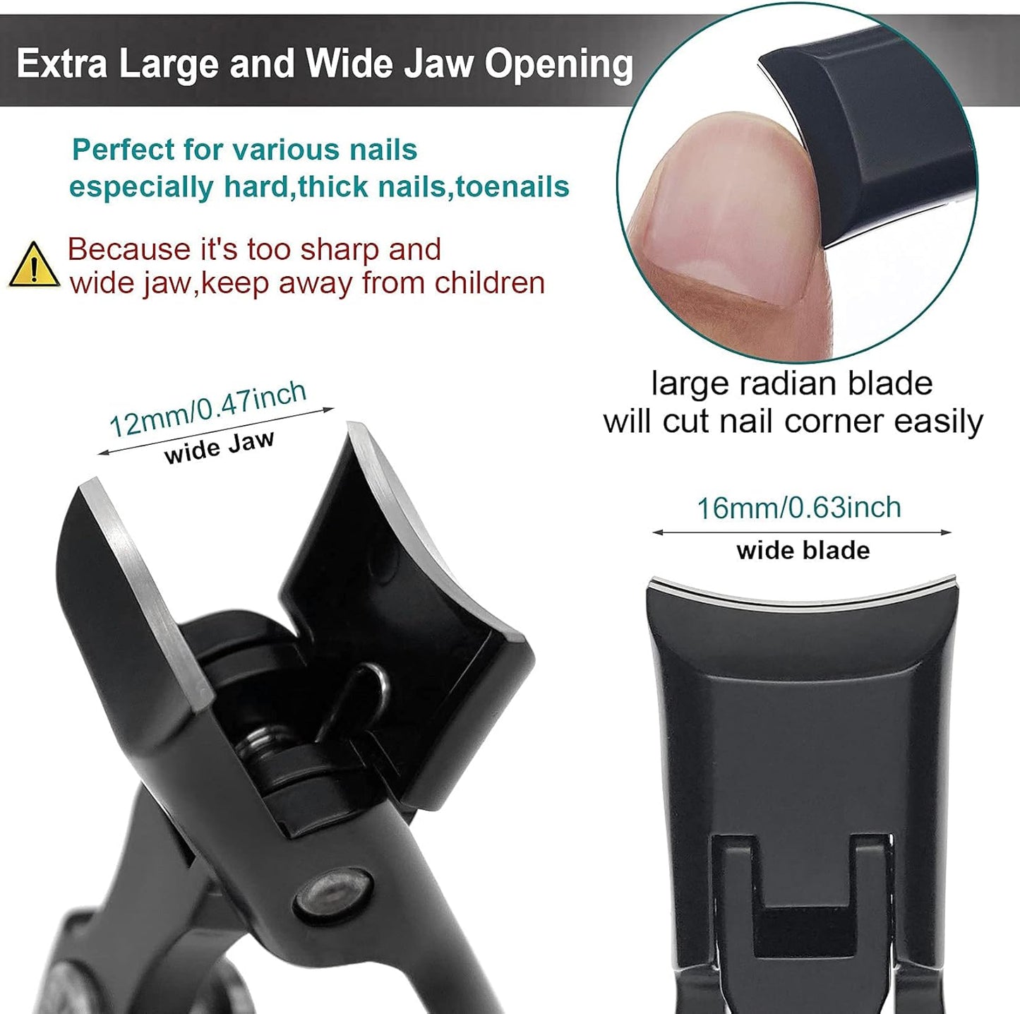 Toenail Clippers for Men Thick Nails Large Wide Jaw Opening Portable Ultra Sharp Nail Clippers with Catcher Heavy Duty Fingernail Cutter for Adult Seniors Women (Black with File)