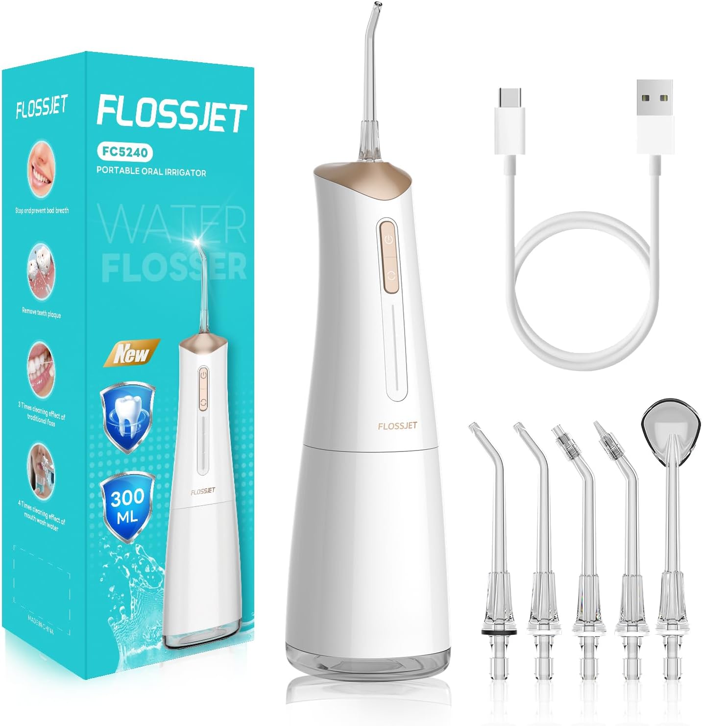 Water Dental Flosser Cordless Oral Irrigator with 300ml 5 Tips 4 Modes USBCharger Portable Travle Irrigation Cleaner IPX7 Electric Irrigador Dental for Teeth Cleaning (White)