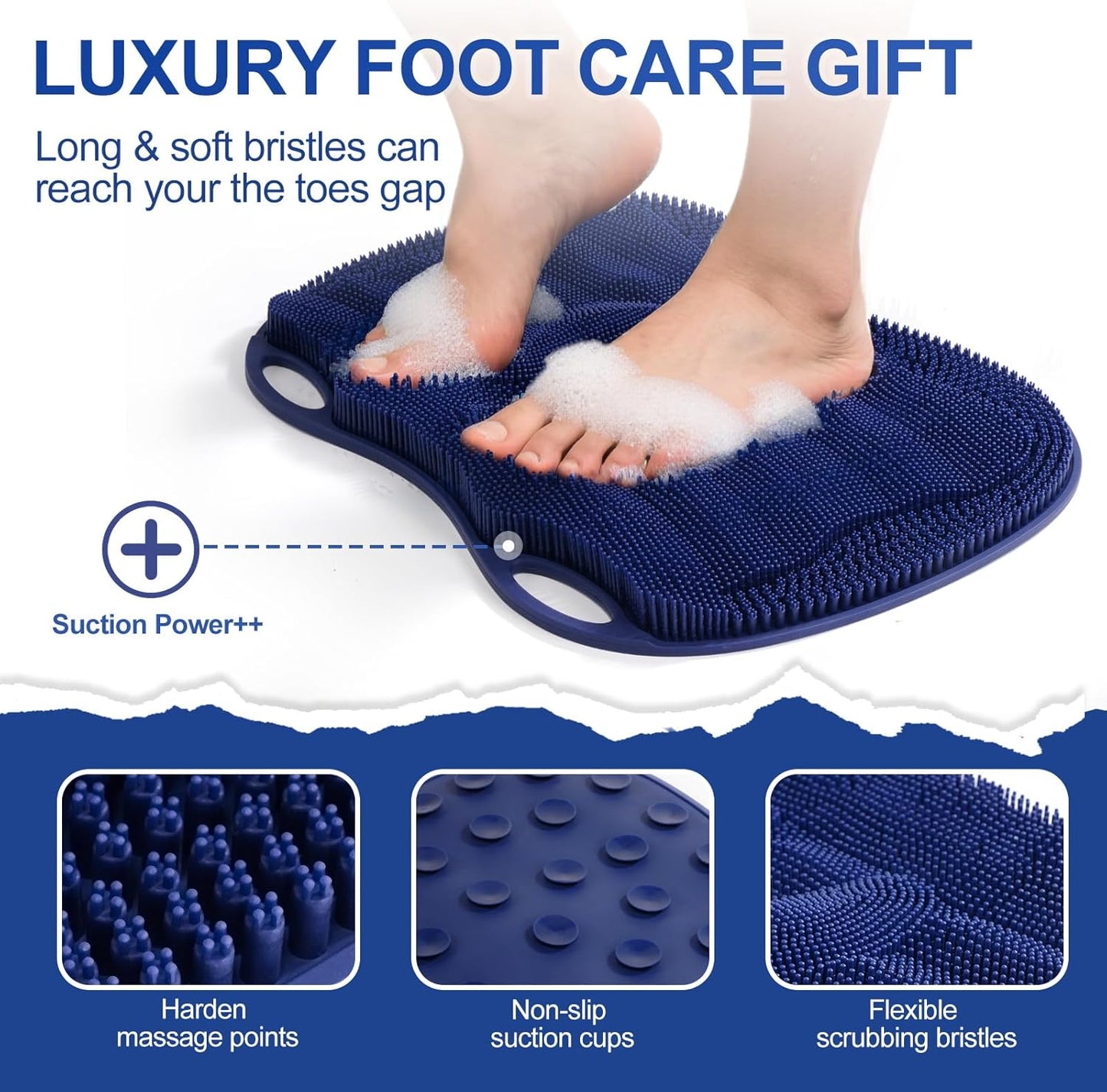 XL Shower Foot Scrubber Mat, Silicone Feet Massage Cleaner Dead Skin Toes Clean Pad without Bending Non-slip Suction Cups -Improve Circulation for Feet Beauty Exfoliate Smooth Achy 17.2*13" Navy Blue