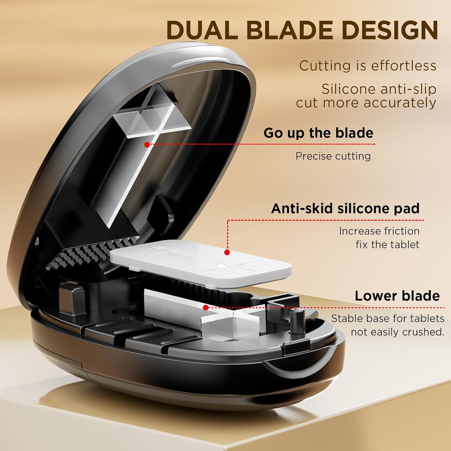 Pill Cutter Splitter for Small and Tiny Pills, 1/2 1/4 Pill Splitter for Small Pills,Vitamins, Tablets in Half or Quarters, Accurate and Easy Cutting, Stainless Steel Blade, Back Storage (Black)