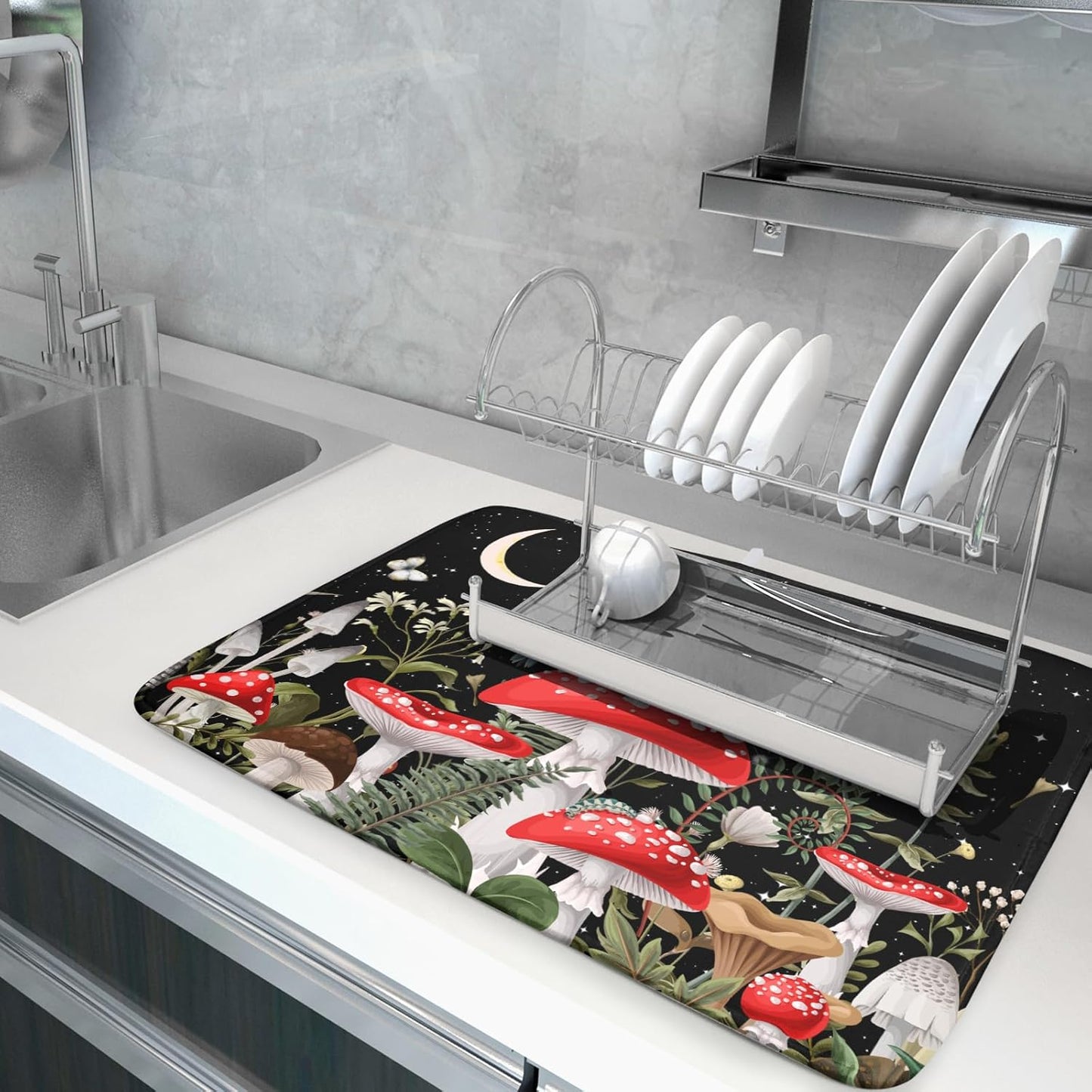 Red Mushroom Dish Drying Mat for Kitchen Counter Plant Leaves Drainer Mats Rack Holder Countertop Absorbent Microfiber Coffee Pads 18x24 Inch