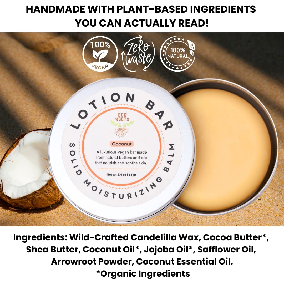 ECO ROOTS Eco Lotion Bar for Dry Skin – Natural Solid Moisturizer with Candelilla Wax & Coconut Scent, Travel-Friendly, Zero Waste, Long-Lasting Hydration