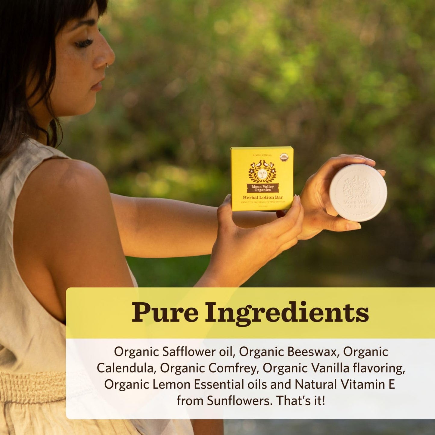 Moon Valley Organics Herbal Lotion Bar in Lemon Vanilla, Moon Melt Bar, Calendula and Comfrey, Beeswax, Heal and Restore Chapped Skin, Soothing