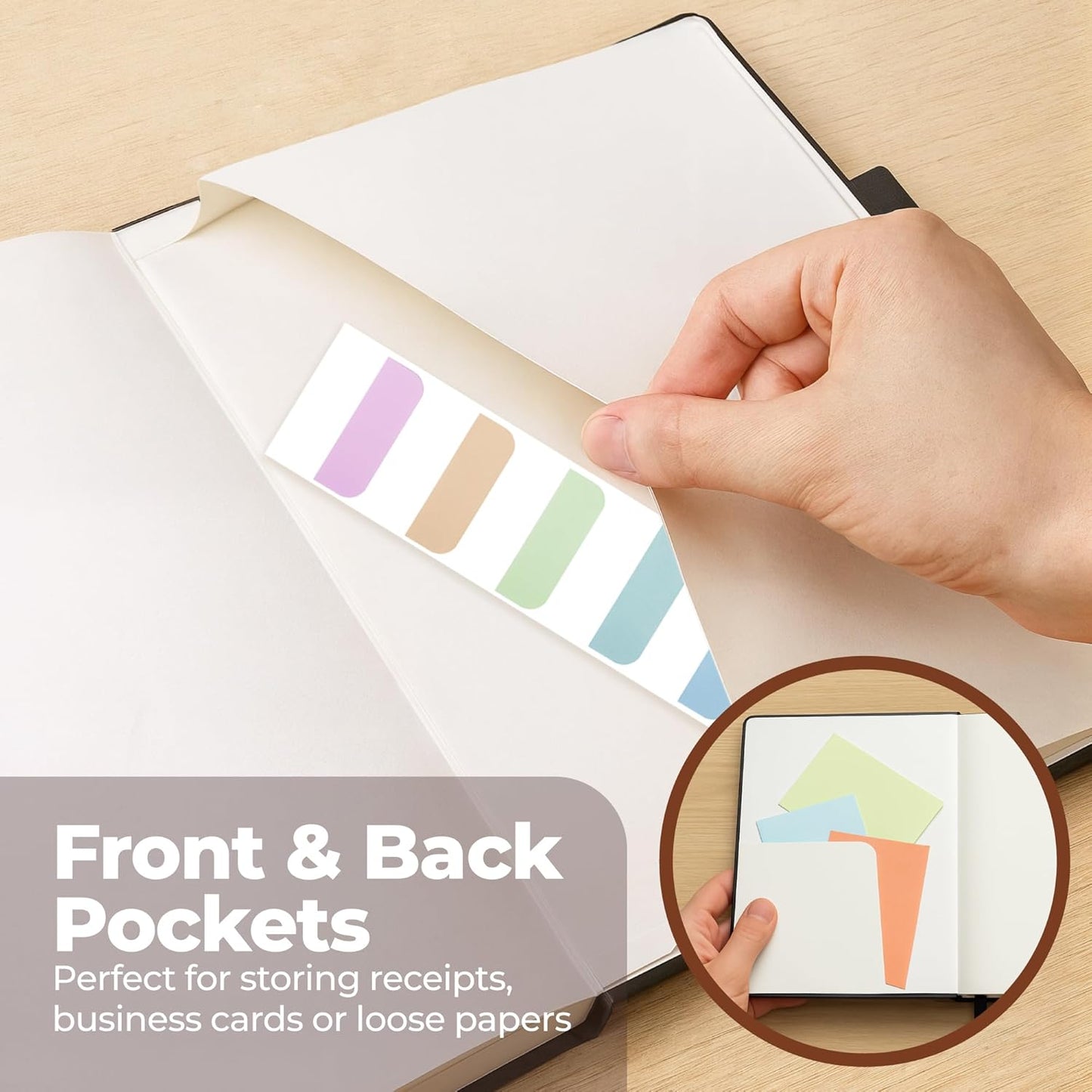 Thick Lined Journal Notebook 8.5x11" with Big A4 Hardcover Leather - Black - 300 Pages College Ruled Large with Sticky Tabs, Pockets, & Pen Loop for Writing and Journaling - Hard Cover Fancy Notebook