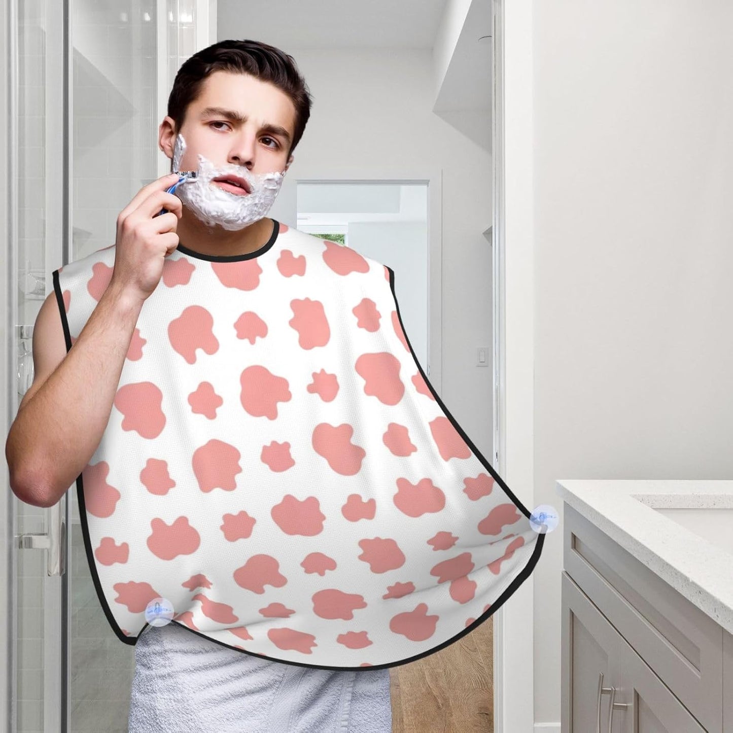 Beard Bib Apron for Men Shaving, Waterproof Non-Stick Hair Catcher with Suction Cups, Grooming Essential for Dad Husband, Cute Cow Print Pink Shave Bib