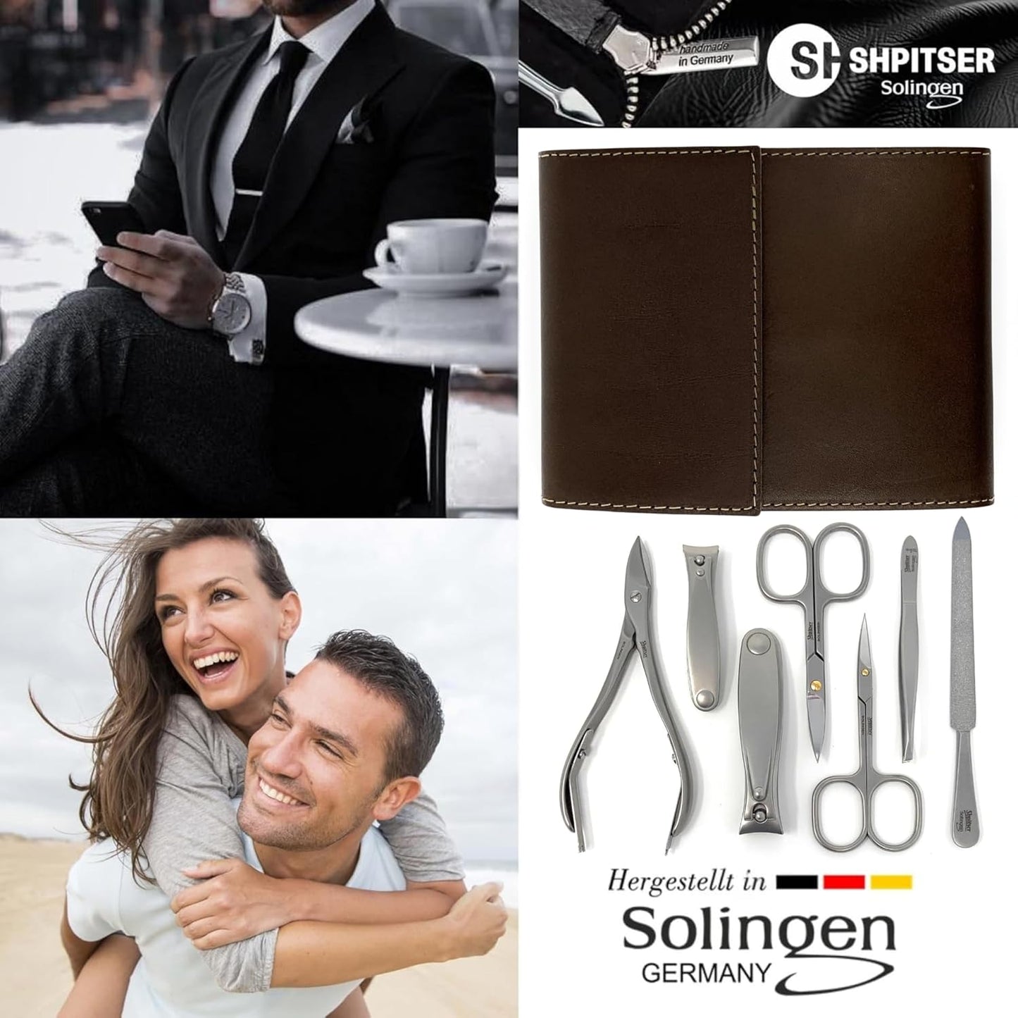 SHPITSER Professional 7pc TopInox Surgical Stainless Steel Tools Manicure Pedicure Set in Genuine Durable Leather Case Handmade in Solingen Germany for Nail and Cuticle Care