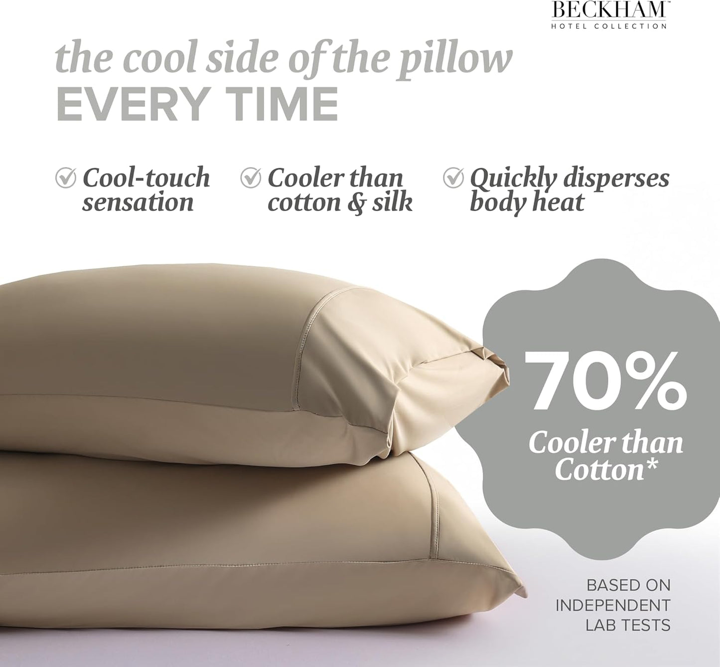 Beckham Hotel Collection Cooling Pillowcases for Hot Sleepers, King Size Set of 2, Cool Bedding, Envelop Closure, Silky Soft, Breathable, Moisture-Wicking, Sand