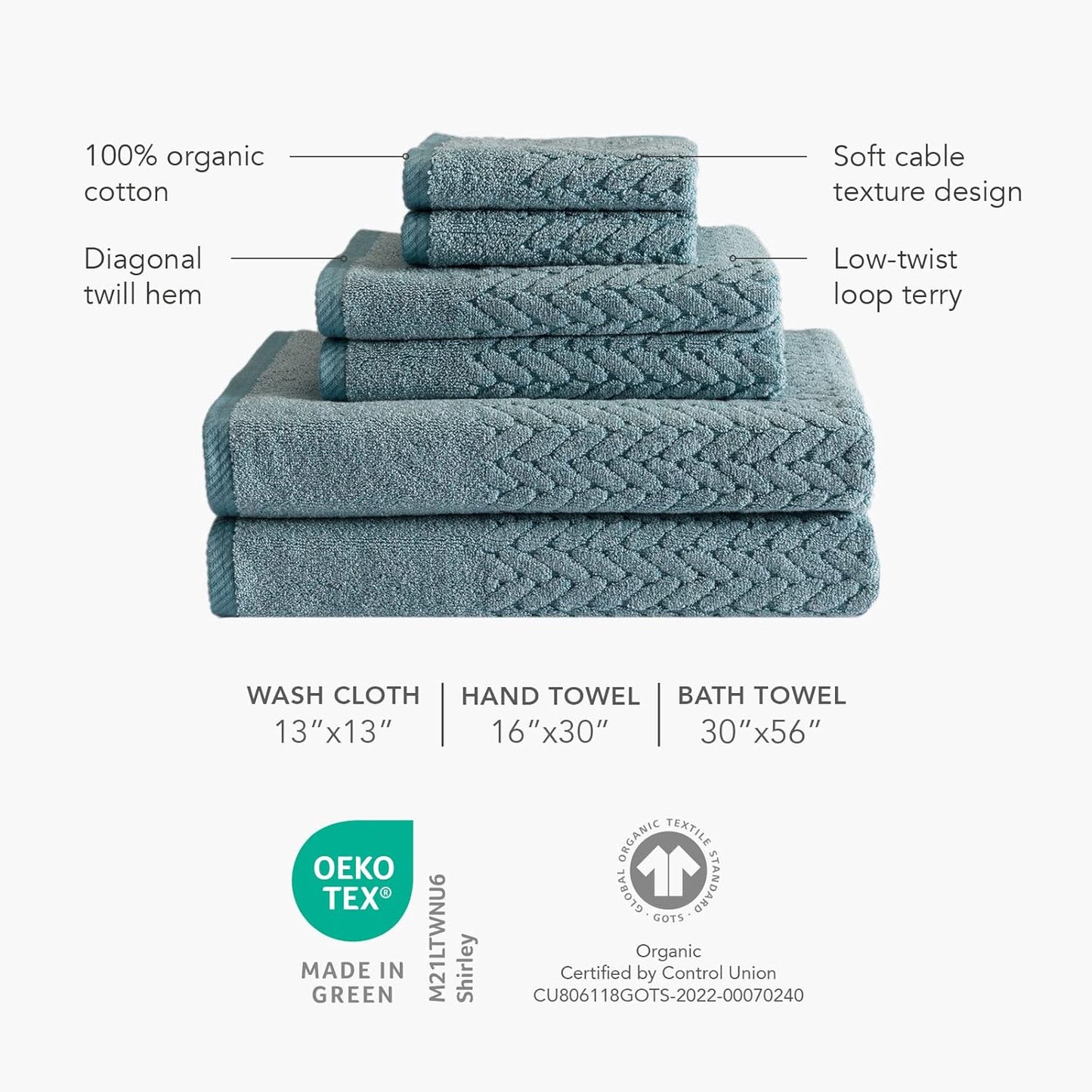 Texere 100% Organic Cotton Jacquard 650 GSM Premium Bath Towel Sets - Extra Absorbent Quick Dry and Plush (Cable, Smoke Blue, 2 Bath Towels)