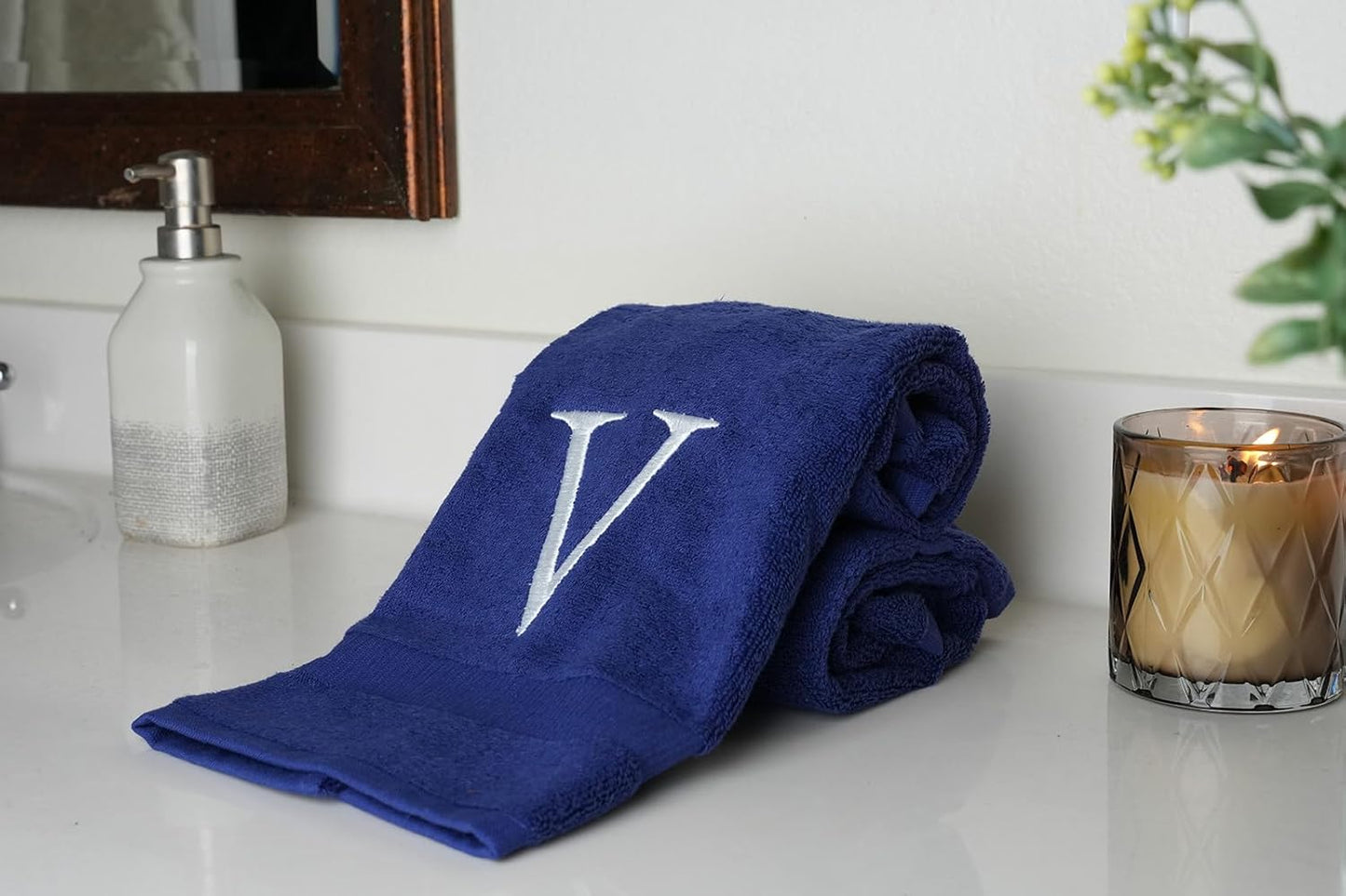 Navy Initial Hand Towel for Bathroom - Monogrammed Luxury Hotel Quality Decorative Embroidered Towel for Powder Room, Spa - GOTS Organic Certified - Set of 2 Letter V