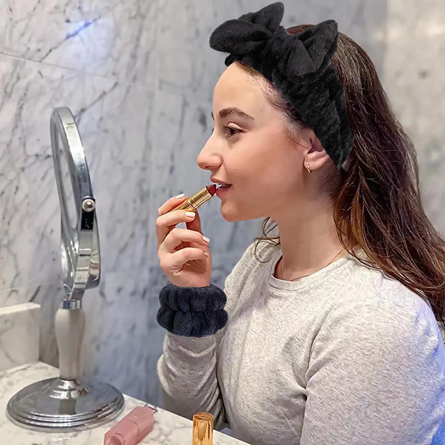 Women's Cow Print Spa Headband and Wristband Set for Washing Face (Cow print &Black)