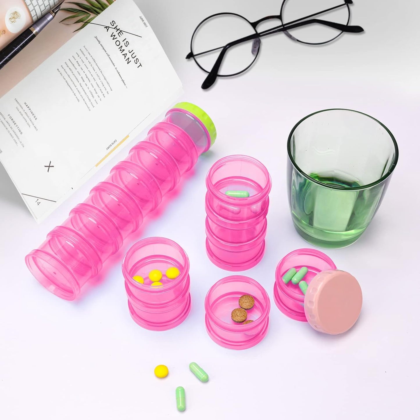 2 Pack 7 Day Pill Organizer Case Stackable Weekly Supplements Vitamins Pills Holder Dispenser Large Translucent Pink with Extra Lid