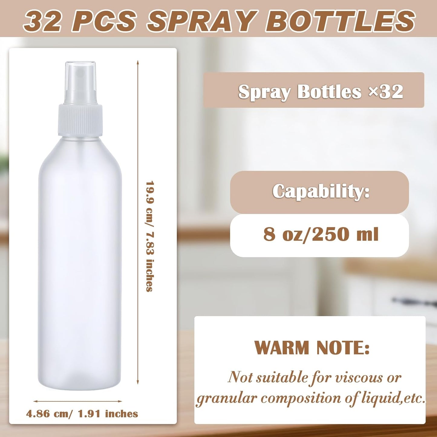 Eccliy 32 Pcs 8 oz Spray Bottles Fine Mist Cleaning Bottles Clear Empty Plastic Travel Sprayer Refillable Sprayer with Cap for Cleaning Solutions Oils Travel Perfumes(Clear,White,Frosted)