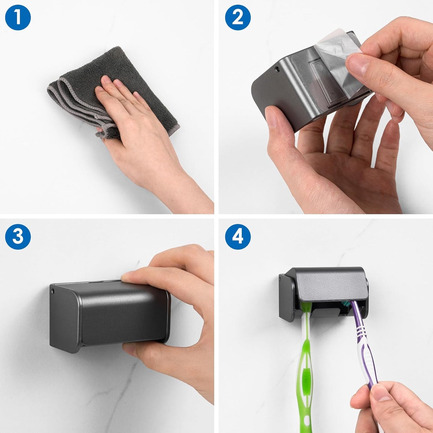 2 PCS Toothbrush Holder Wall Mounted with Cover for Bathroom, 2 Slots Toothbrush Storage Organizer for Shower, Self Adhesive Toothbrush Hanger Rack for Dorm, Cabinet (Brushed Grey)