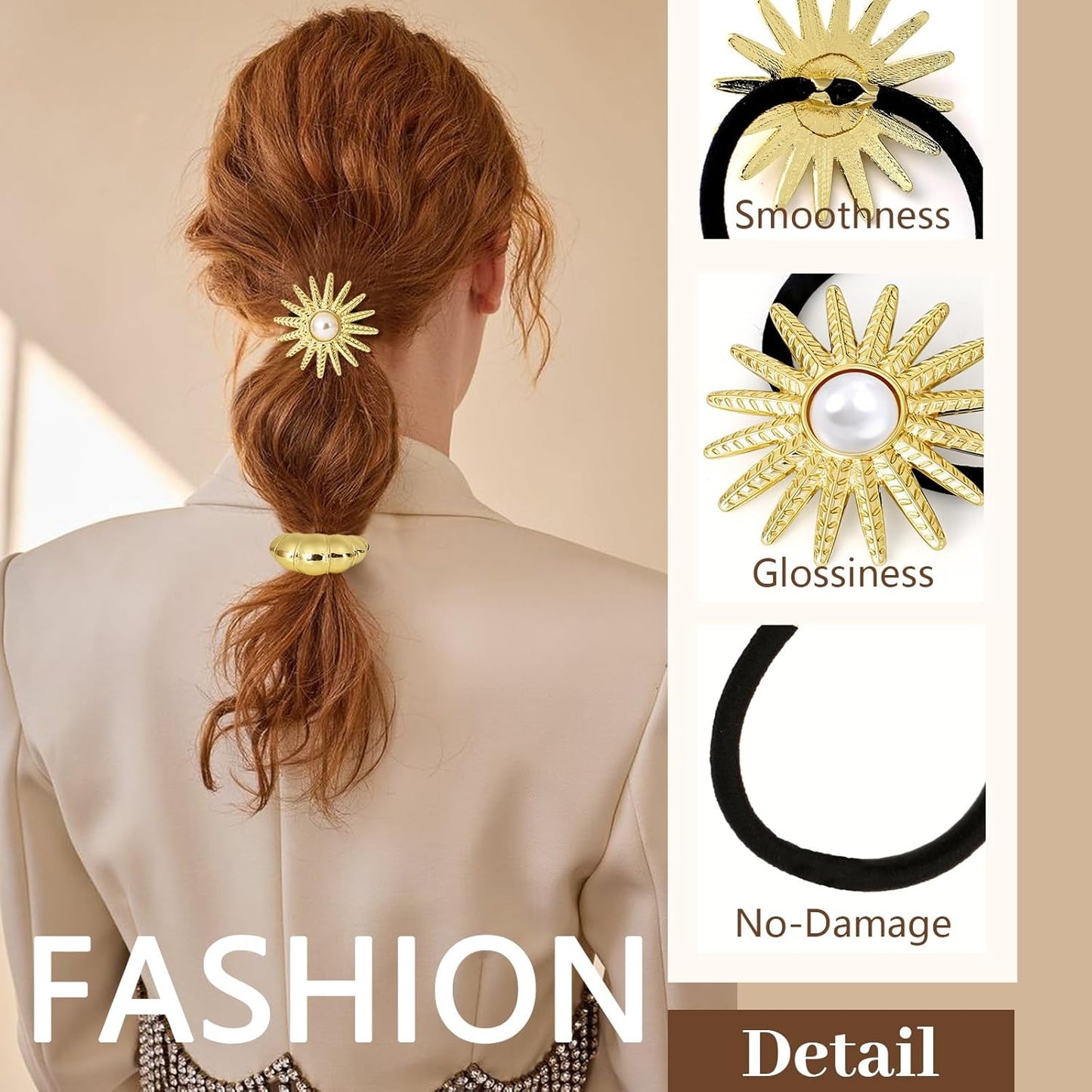 3PCS Gold Hair Ties, Metal Hair Ties for Thick Hair, Gold Ponytail Cuff Elegant Durable Geometric Design, Hair Accessories for Women, Stretchy & Non Damage Ponytail Holders with Pendant Holiday Gifts