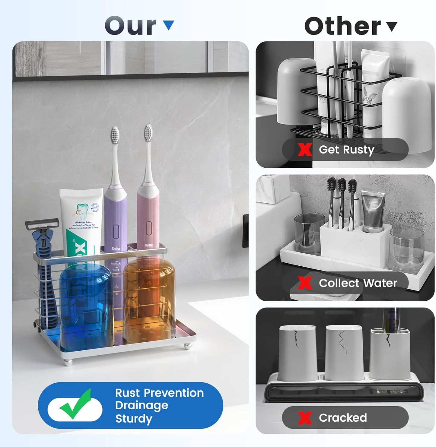 Luxspire Toothbrush Holders for Bathroom, Toothbrush Holder with Tray, Stainless Steel Holder for Toothbrush Toothpaste, Tooth Brushing Holder for Bathroom Countertop, 3-Slot, Silver