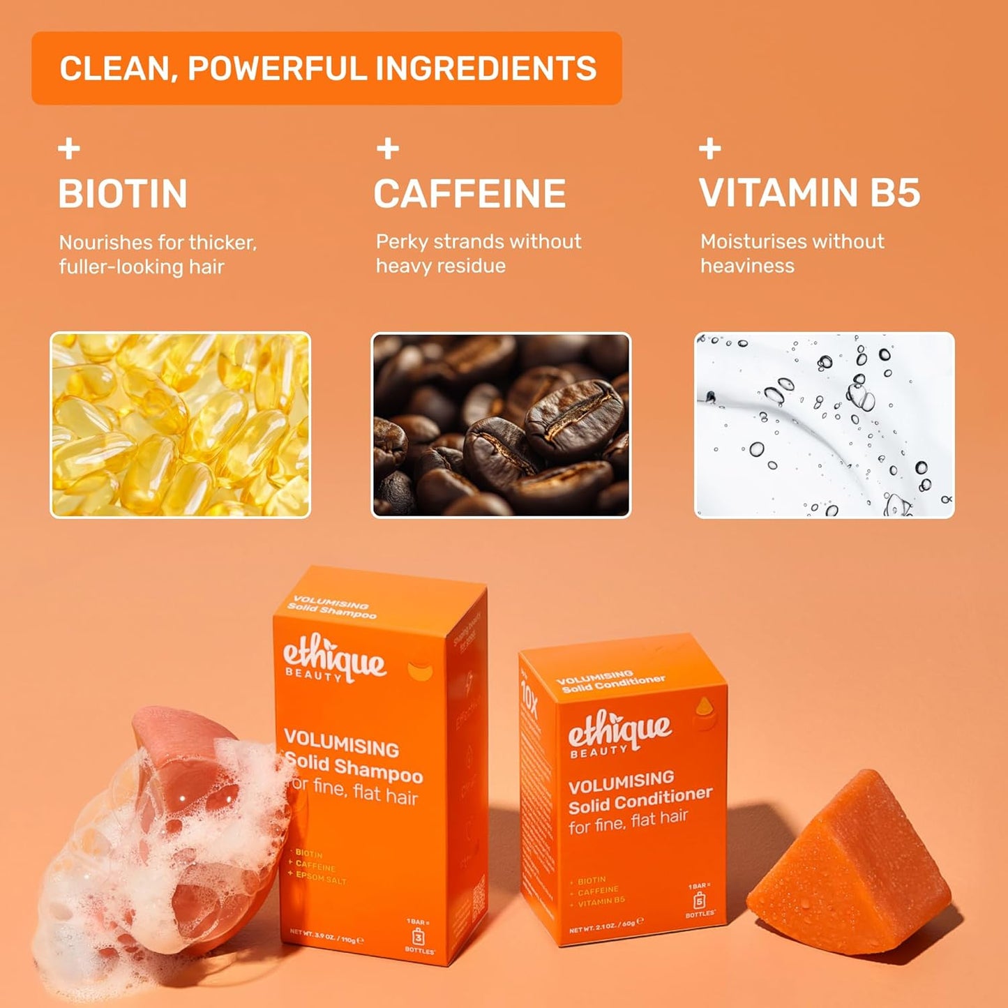 Ethique Beauty Mini Sampler Solid Shampoo & Conditioner Bar Set - Volumizing Shampoo & Conditioner with Biotin & Caffeine