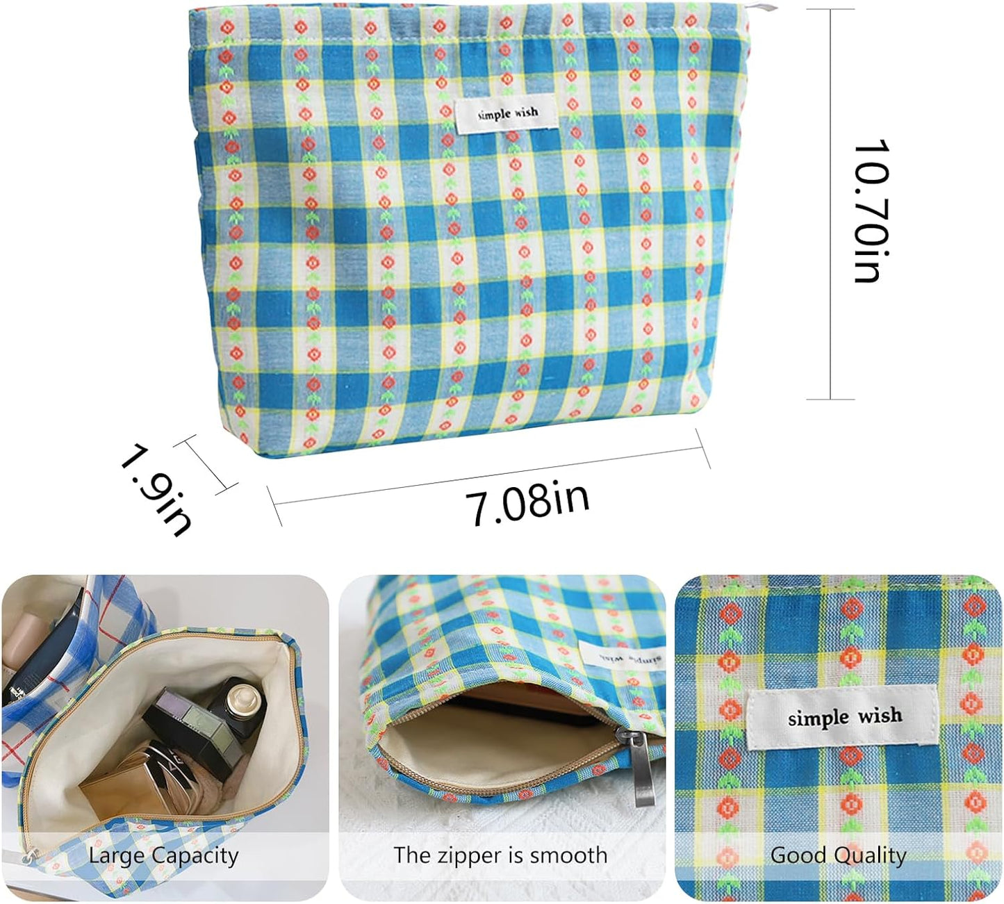 Wudygirl Cute Makeup Bag Large Capacity Cosmetic Bag Aesthetic Floral Makeup Pouch for Women Make up Organizer Pencil Pouch Portable Toiletry Bag Zipper (Blue Floral)