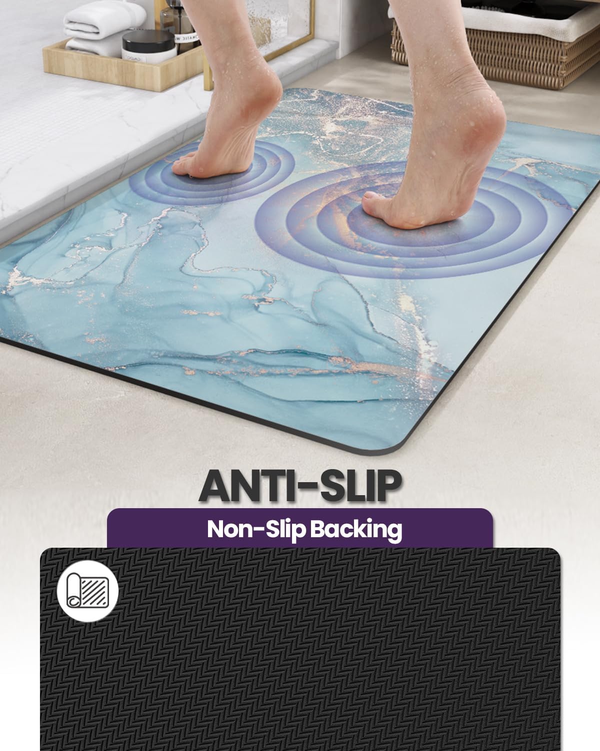 DEXI Bathroom Mat Ultra Thin, Non Slip Bath Rug for Shower Floor, Absorbent Quick Dry Marble Bathmats Low Profile, 17x32, Blue