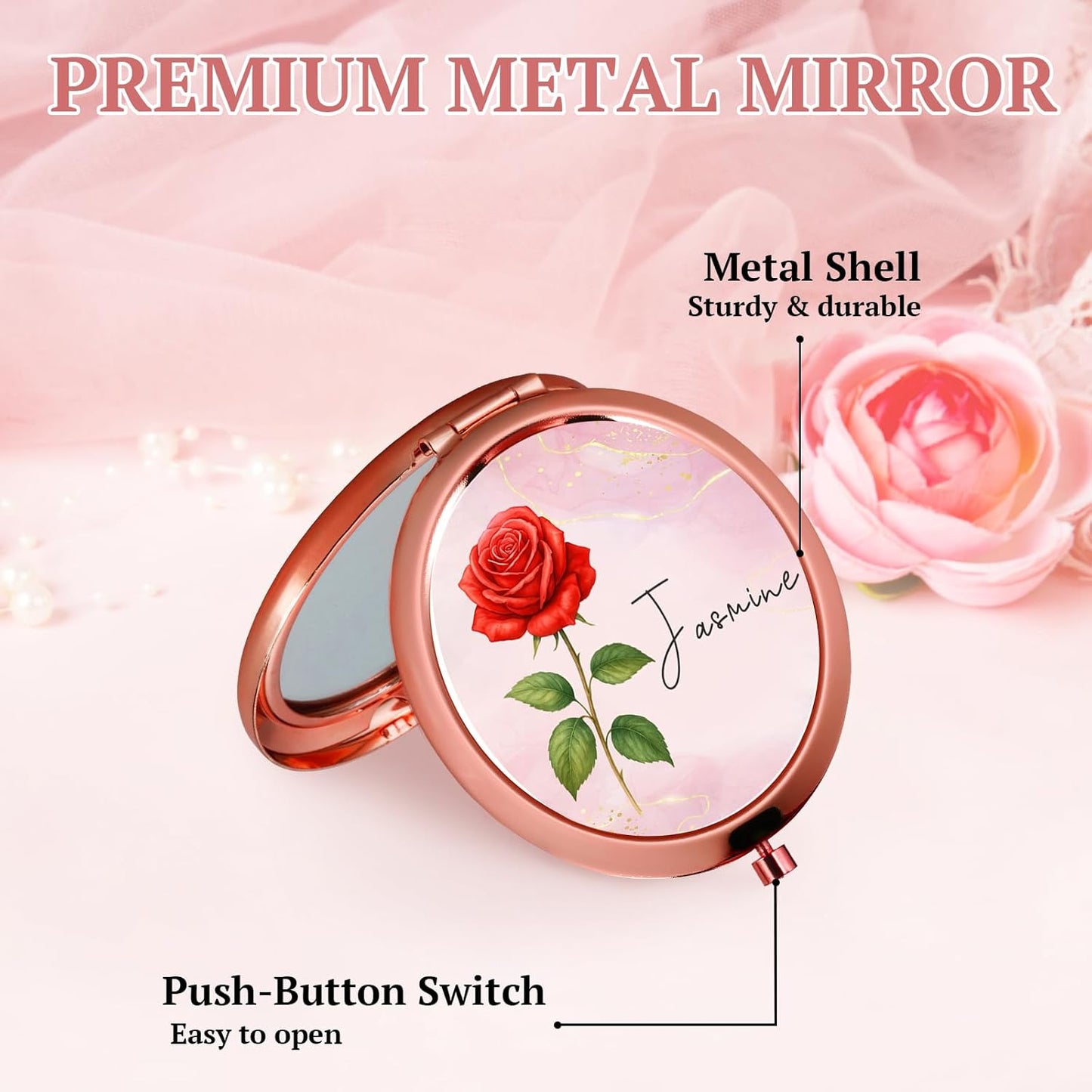 Personalized Compact Mirror for Women, Custom Birth Flower and Name Pocket Mirror, 1X/2X Magnification Travel Makeup Mirror for Purse, Gift for Bridesmaid Wedding Birthday Christmas Mom Friend Sister